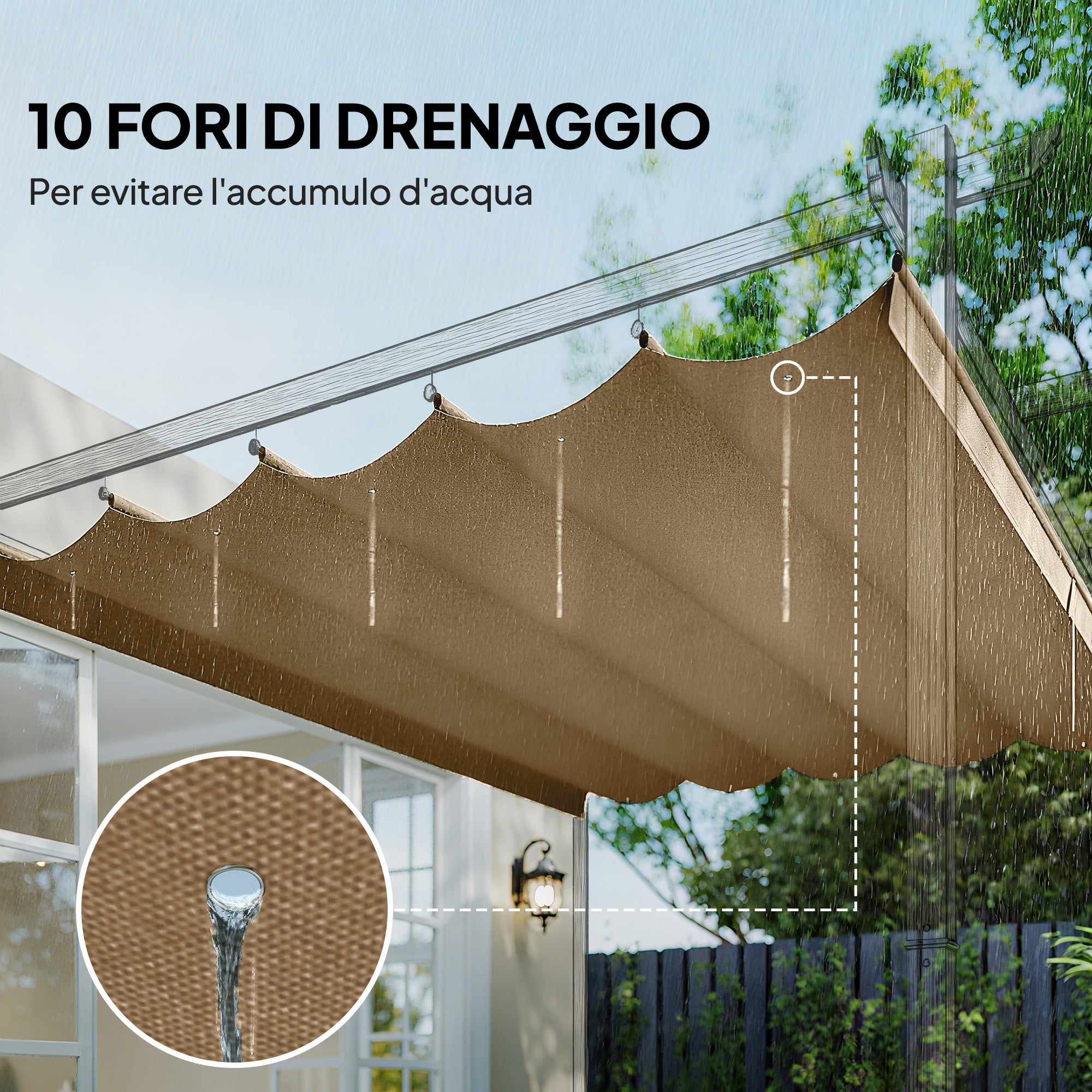 Techo de pérgola con 10 orificios de drenaje, poliéster 250x255 cm para 3x3 m, marrón claro - 8