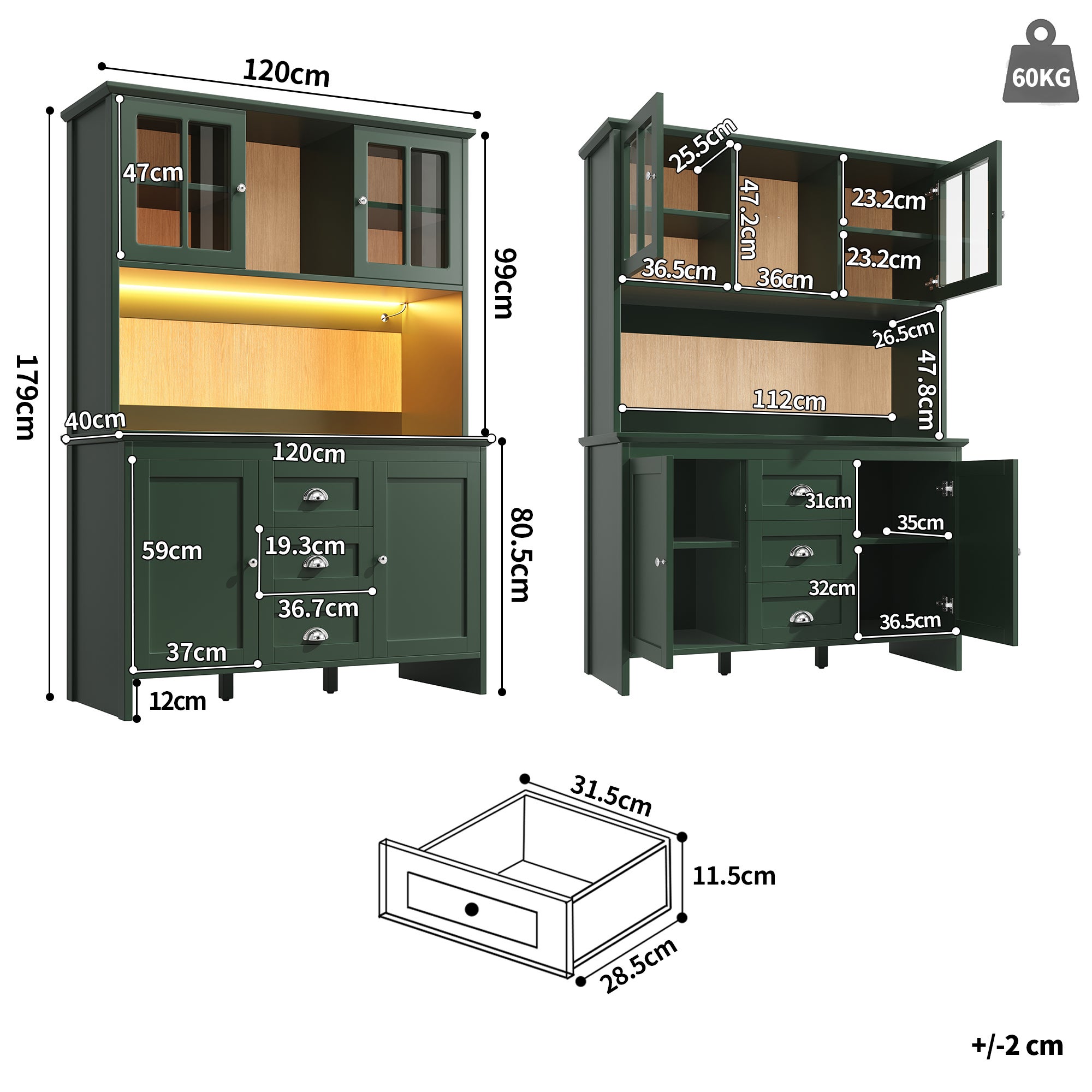 Buffet de cuisine avec 4 portes et 3 tiroirs, vitrine - 120 x 40 x 179 cm - LEDs - MDF et verre - Vert - 5