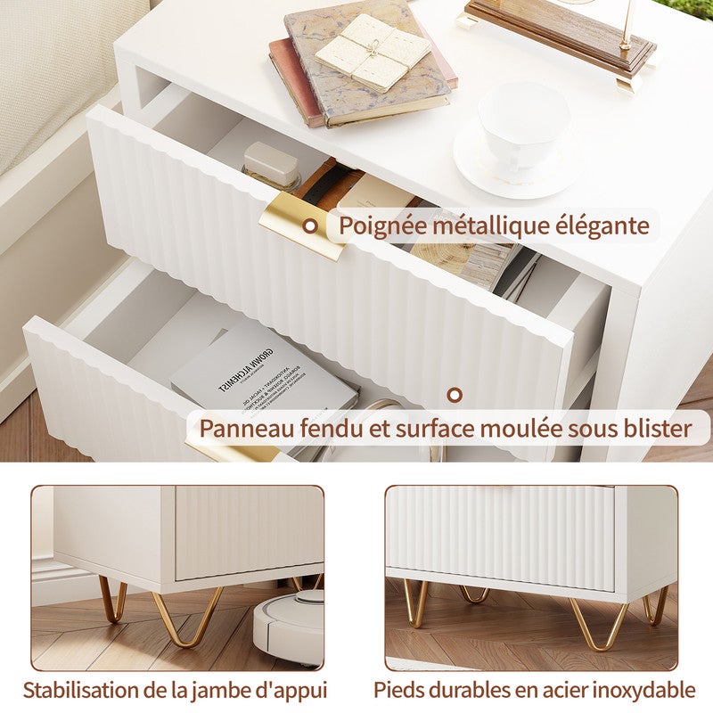 Lot de 2 tables de chevets - 2 tiroirs coulissants - Façade ondulée - Piètement épingle métal doré - Panneau de particules blanc - 7