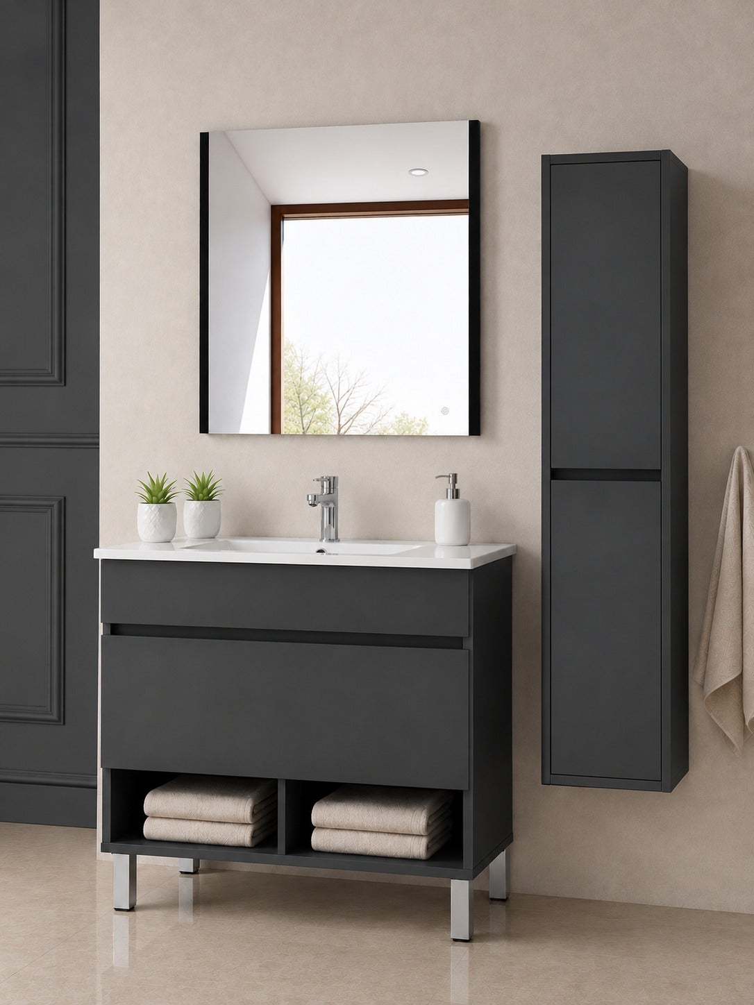 Mobilier de baie cu picioare cu lavoar ORIGENBATH NEBARI cu picioare și sertar cu coloană 80x40 cm grafito cu coloană