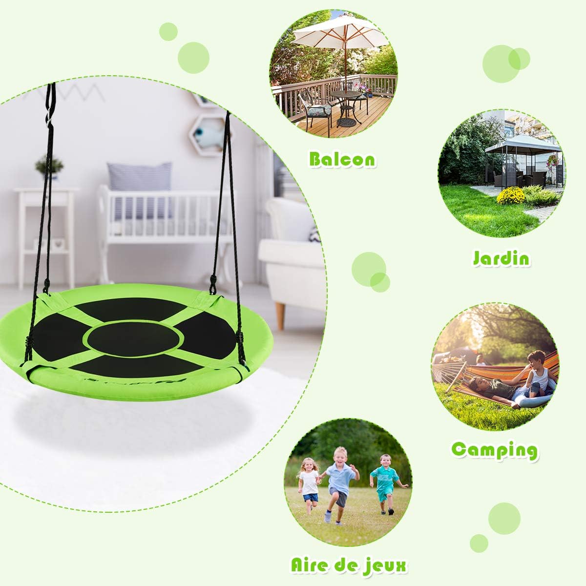 Balancoire Nid d’Oiseau Rond, Balancoire de Jardin en Tissu Oxford et PP, Ø100CM, Hauteur Reglable 100-160CM, Charge Maximale 150KG - 5