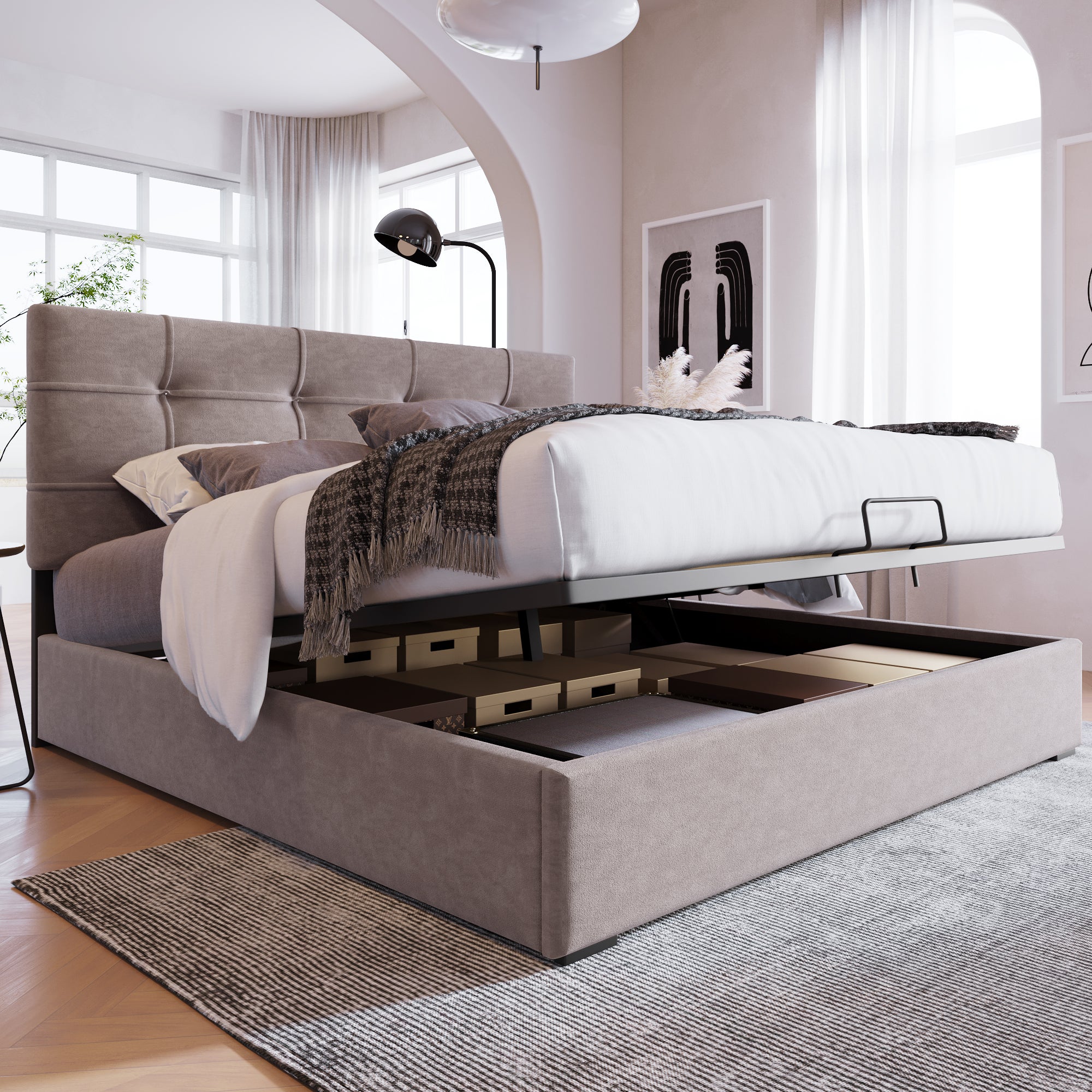 Letto contenitore matrimoniale 140x200 cm in similpelle con LED a 16 colori, Vano portaoggetti, Senza materasso