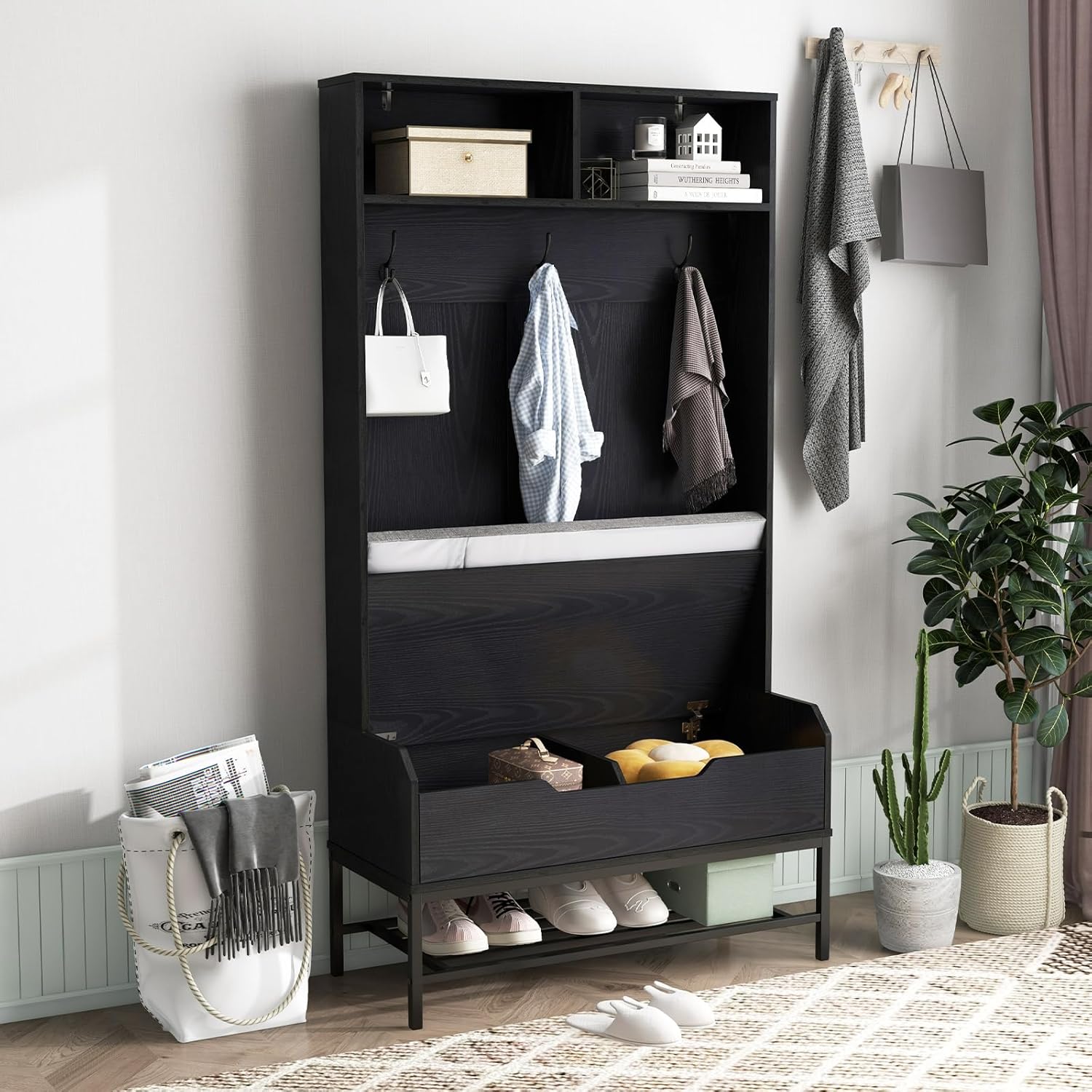 Wieszak na Ubrania 170 cm z Ławką na Buty, Szafa 4 w 1 z Poduszką do Siedzenia, Otwartymi Przegrodami, Haczykami, Wieszakiem na Ubrania (Czarny)