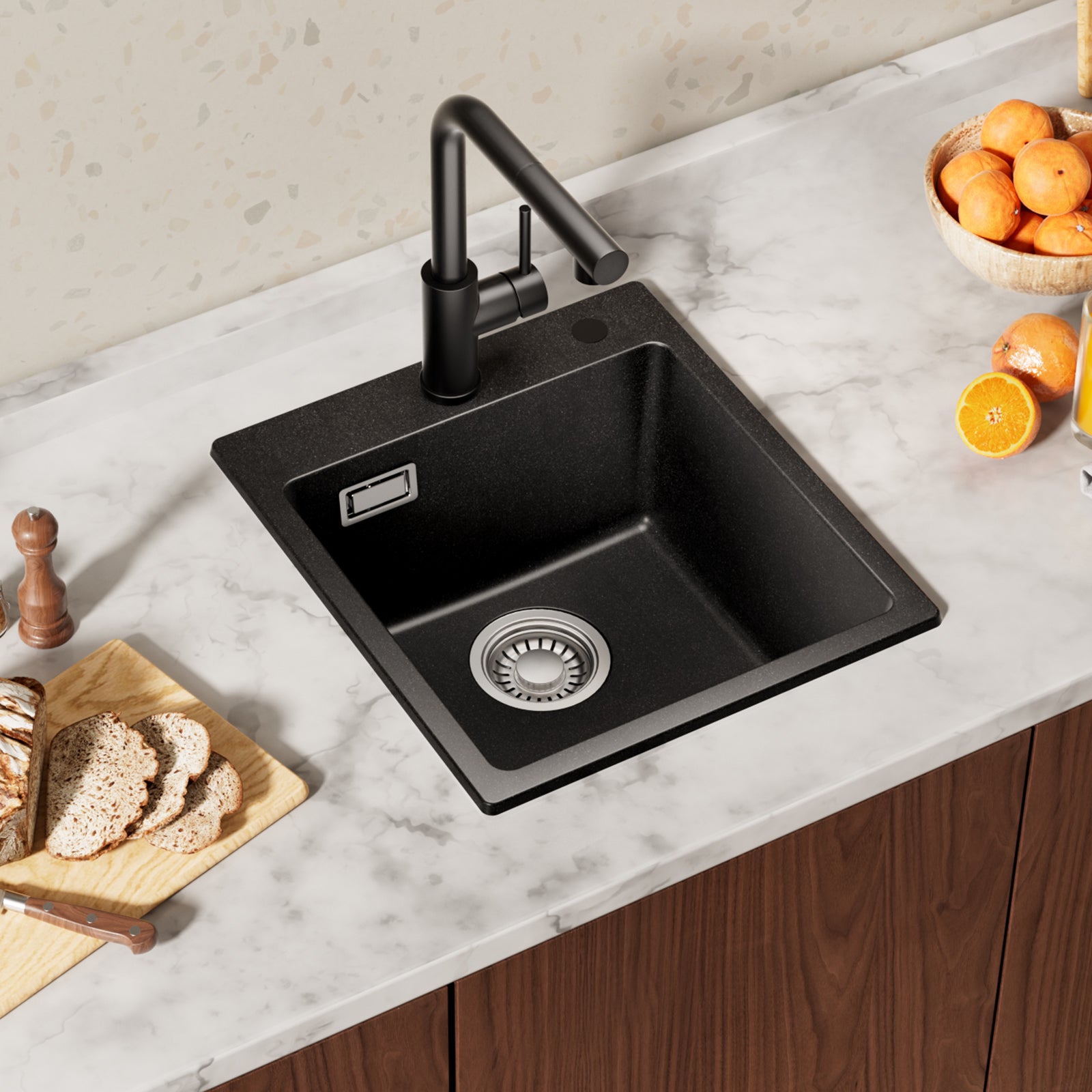 Negro Fregadero de cocina de granito de cuarzo de un seno de 40 x 45 cm - Fregadero de encimera - 2
