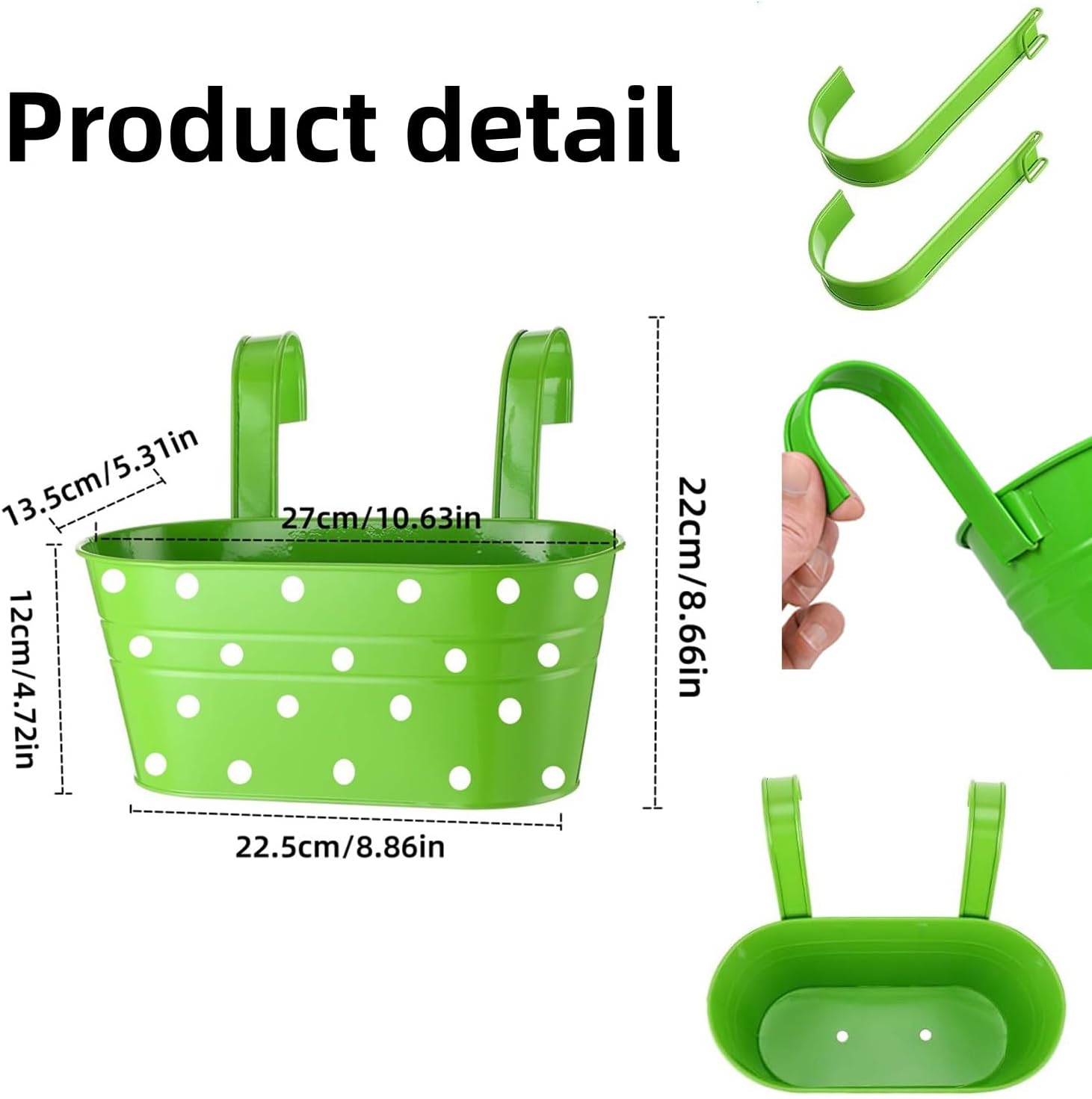 Lot de 4 pots de fleurs suspendus en métal avec trou de drainage - Avec double crochet amovible -Pour décoration de jardin et balcon -vert - 2