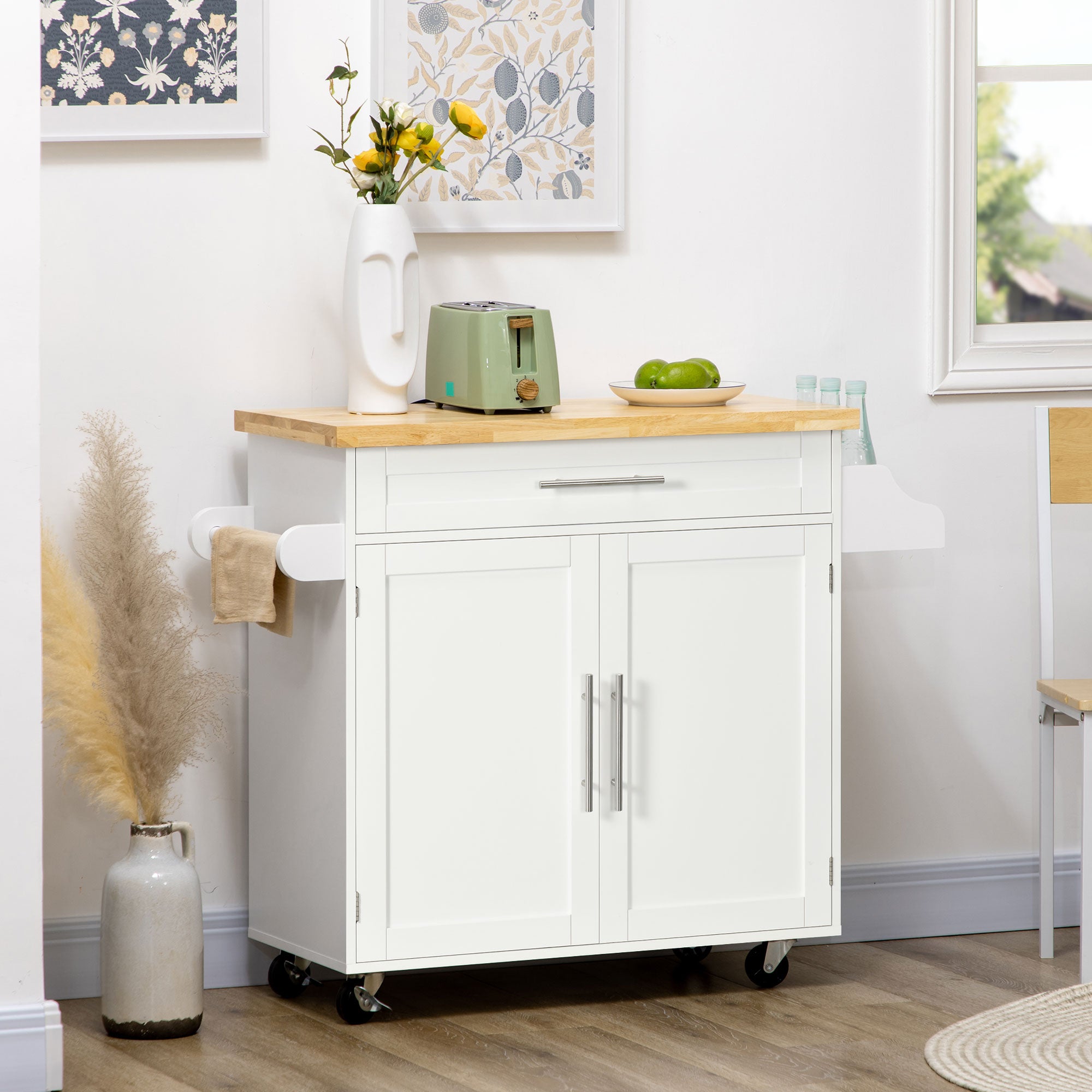 Homcom Carro De Cocina Madera De Caucho, Mdf 109X40x89 Cm Blanco , Leroy Merlin