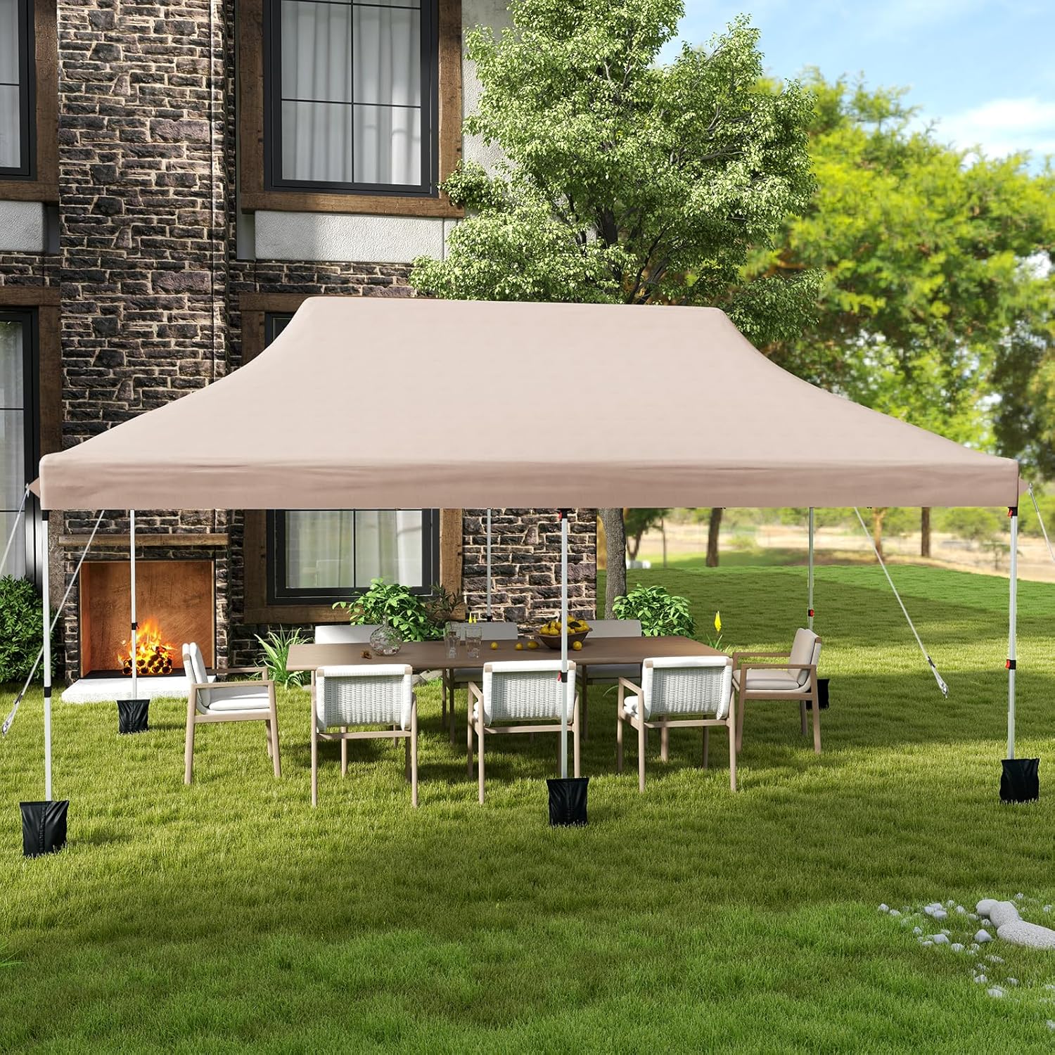 3x6M Tienda Gazebo Emergente, Gazebo Plegable Portátil con Bolsa de Transporte, 6 Sacos de Arena, Bodas (Beige) - 5