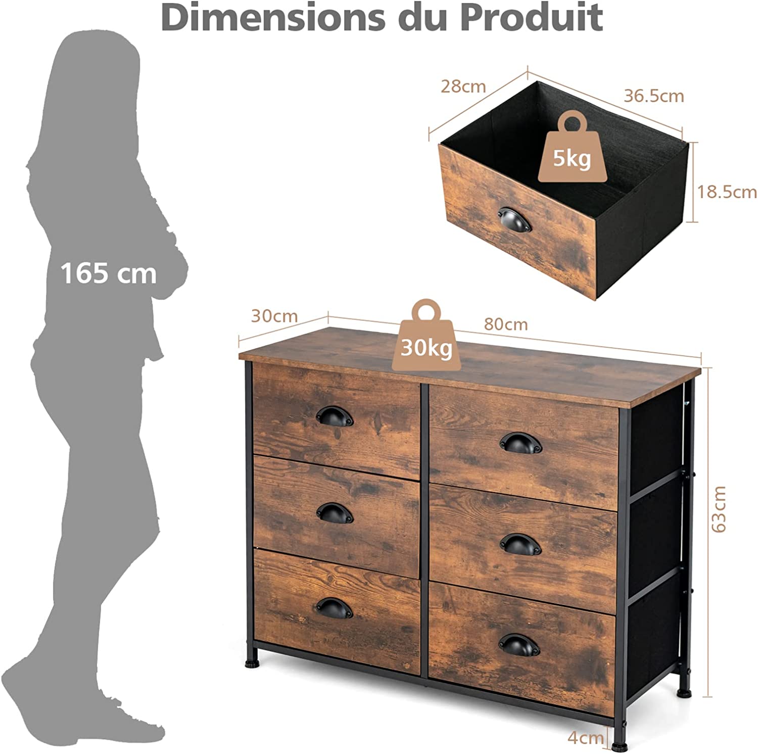 Cassettiera in Tessuto a 6 Cassetti, Cassettiera con Cassetti Rimovibili e Pieghevoli e Telaio in Acciaio, per Camera da Letto, Soggiorno, Cor - 4