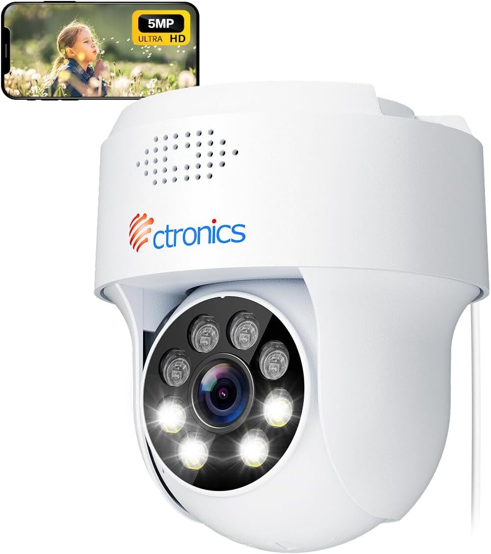 Ctronics Kamera Monitoringu 5MP PTZ Zewnętrzna/Wewnętrzna Wi-Fi 2,4/5 GHz, Detekcja Człowieka/Ruchu, Automatyczne Śledzenie, Kolorowy Tryb Nocny 25m