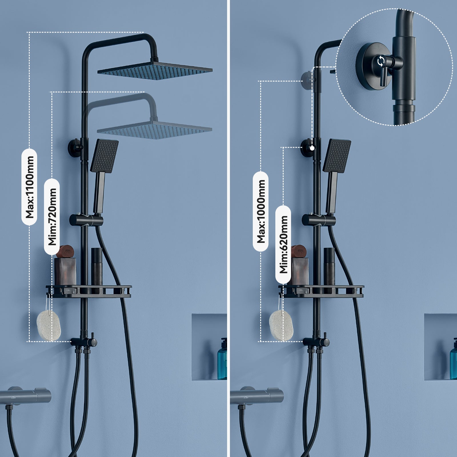 Colonne Douche Inox,Réglable Hauteur Ensemble Douche Murale avec Étagère Douche Set kit Douche sans Robinet avec Pommeau Douche Carré 25.5cm,Noir - 6