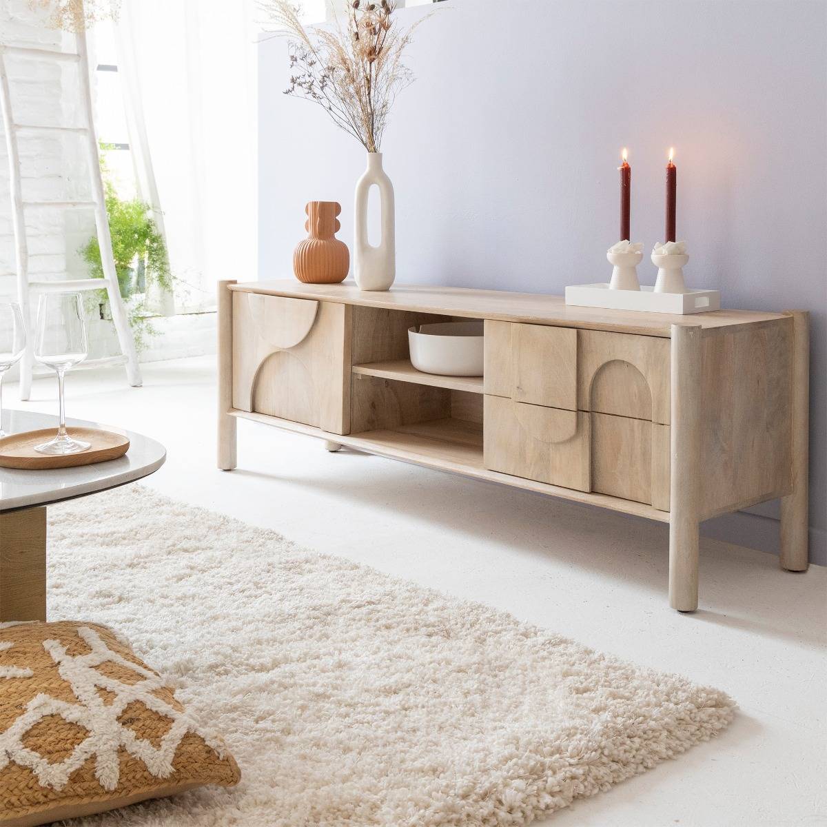 Meuble TV En Bois De Manguier Massif - 120 X 30 X 50 Cm - Couleur Noire (Neuf)