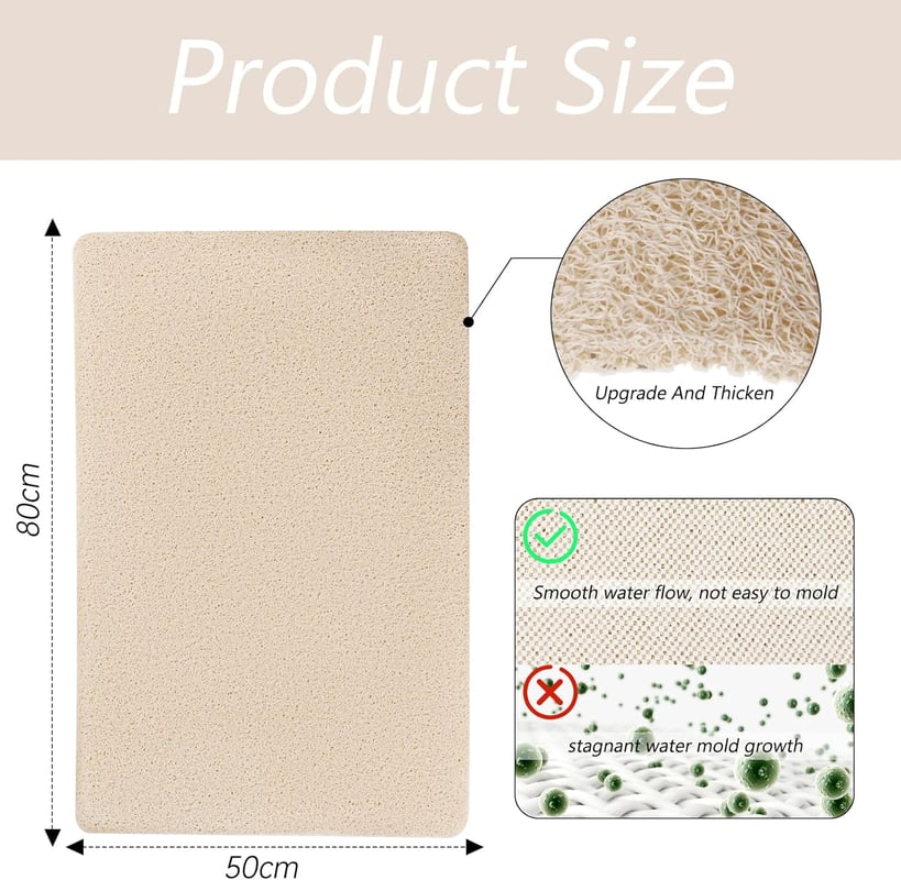 Mata łazienkowa antypoślizgowa, prostokątna, 80 x 50 cm, materiał luffa, z funkcją drenażu, odpowiednia do podłóg mokrych i śliskich (beżowa)