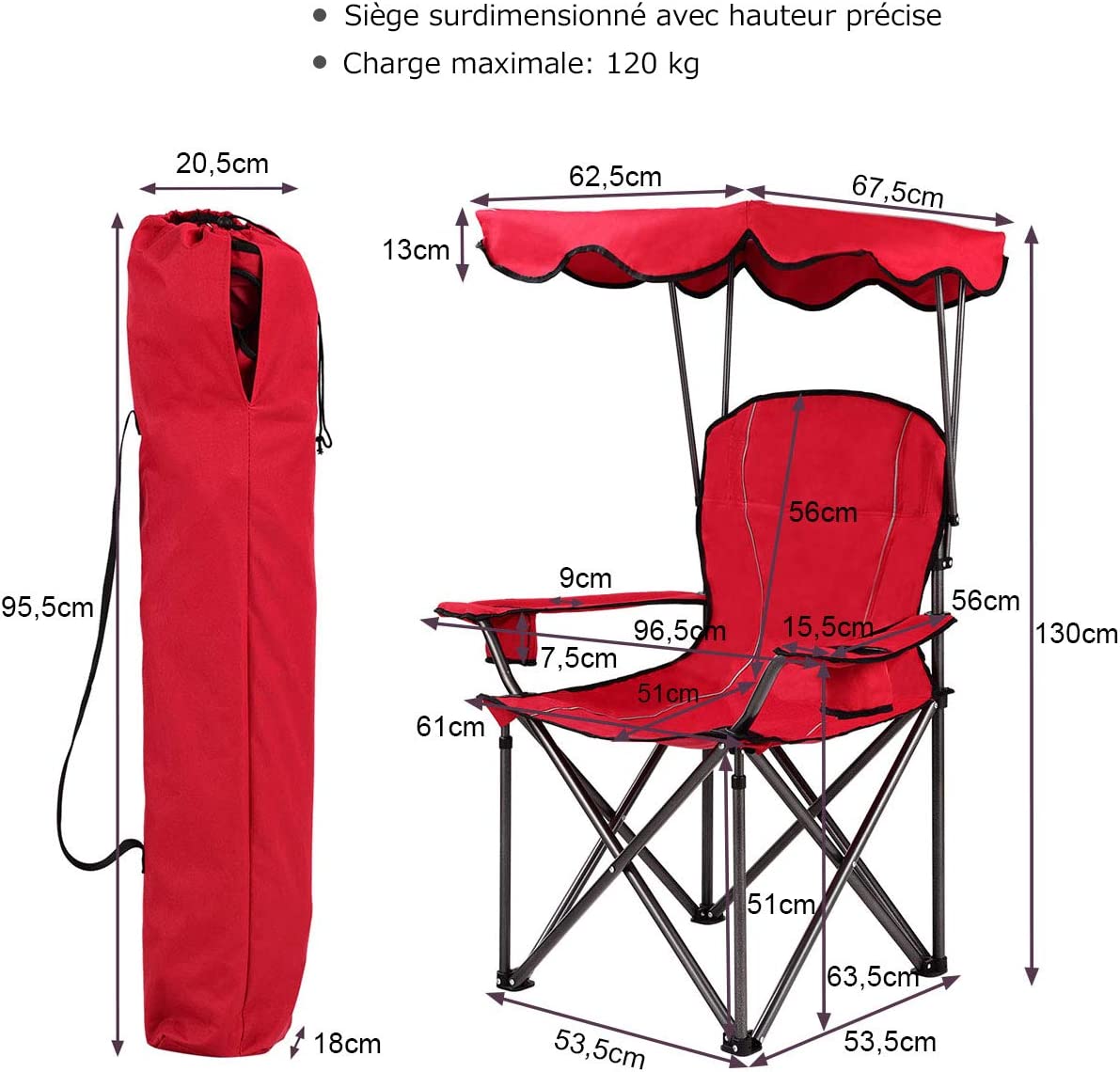 Chaise de camping avec parasol, chaise de plage pliante avec porte-gobelet, accoudoir rembourré - 4