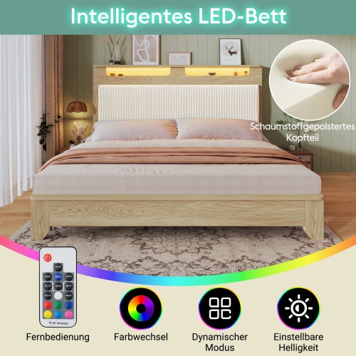 Lit adulte Lit double 180x200 cm avec tête de lit rangement et éclairage LED - Rétro en tissu - Structure bois -beige - 6
