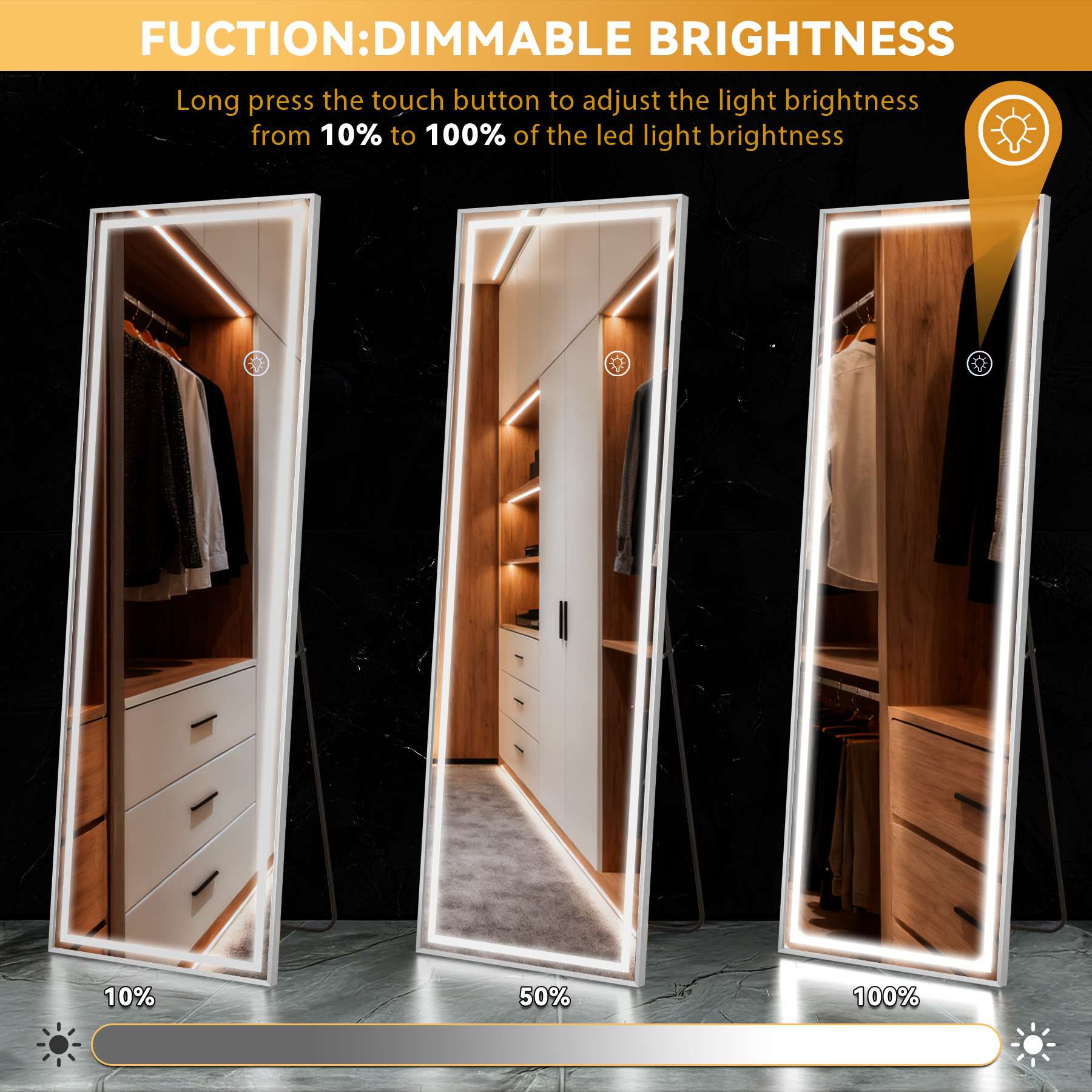 Miroir LED pleine longueur 160x50 cm avec éclairage dimmable 3 tons, cadre argenté moderne et design autoportant, idéal pour la chambre ou le salon. - 6
