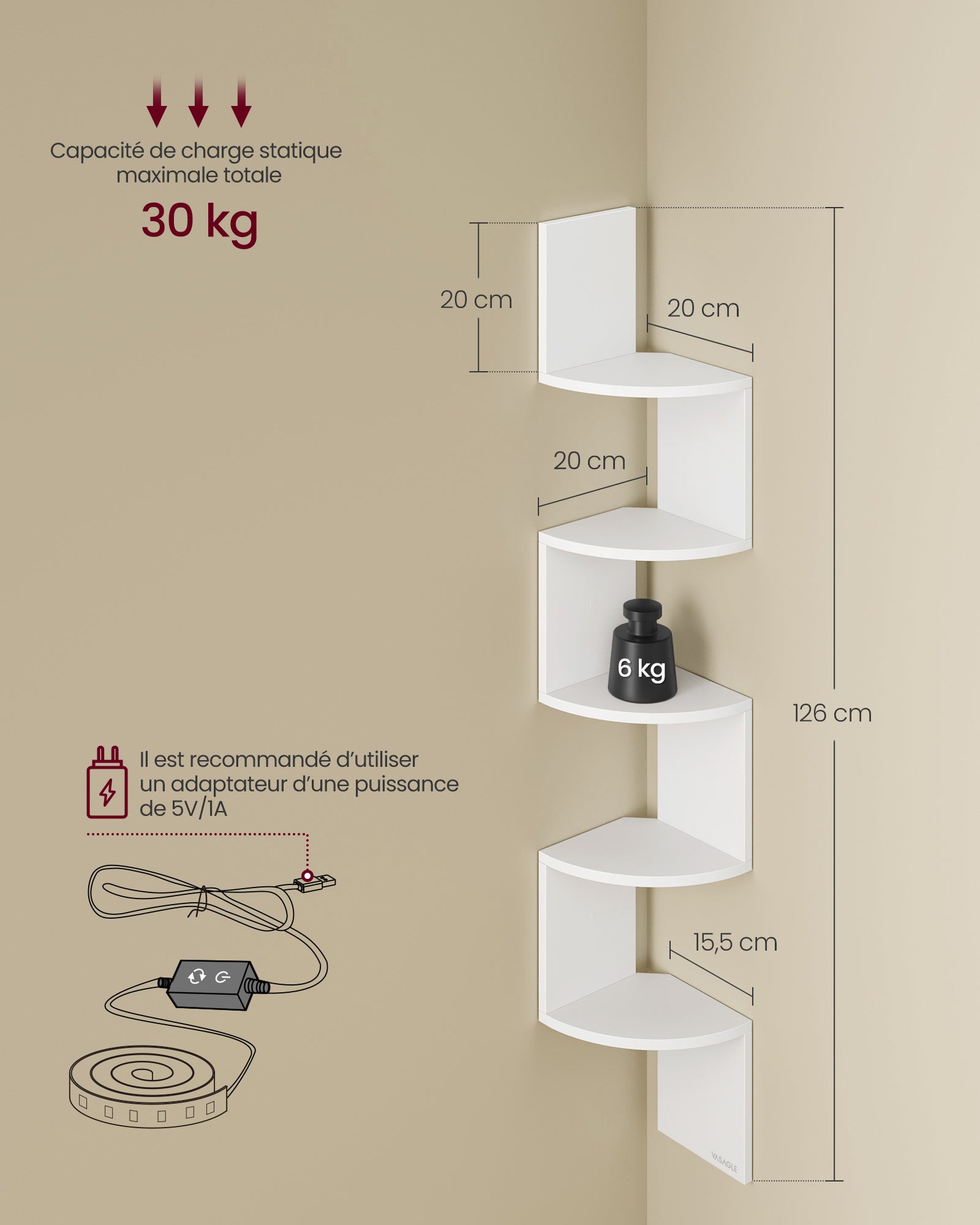 Étagère d’Angle Murale avec Éclairage LED, Bibliothèque Murale à 5 Niveaux, pour Chambre, Salon, Salle de Bain, avec Bouton, Télécommande, Blanc Mat - 5
