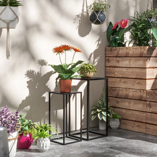 Set de 2 supports pour plantes, étagères avec pieds en acier, design scandinave, noir - COMFORTXL - 3