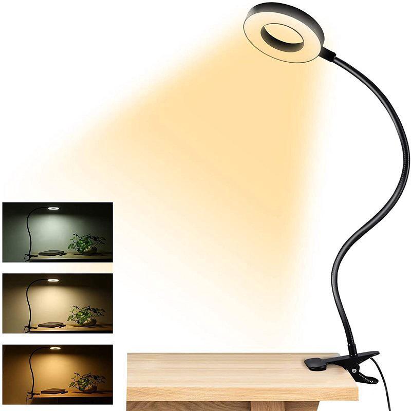 Czarna lampka biurkowa z klipsem, 48 LED, elastyczna lampka do czytania 360°, 3 tryby oświetlenia i 10 poziomów jasności, lampka biurkowa LED USB do