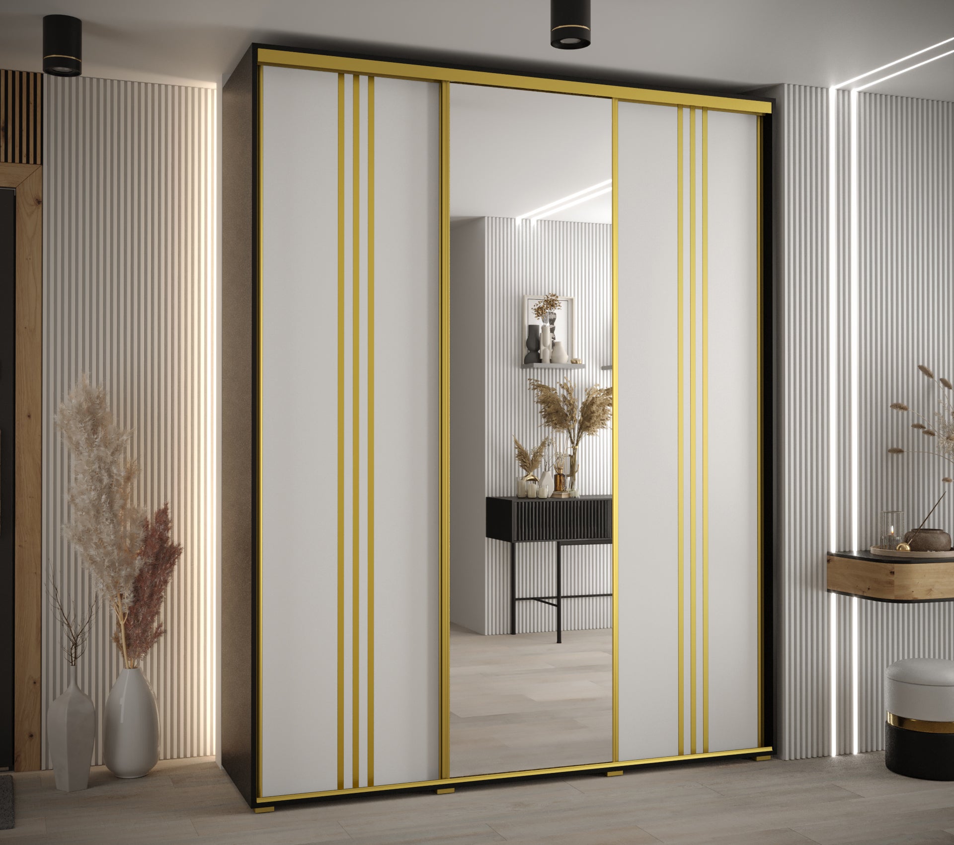 Szafa przesuwna z lustrem wysoka Davos 7 200 x 45 x 235,2 cm czarny + biały + u. złoty - Abiks Meble - 2