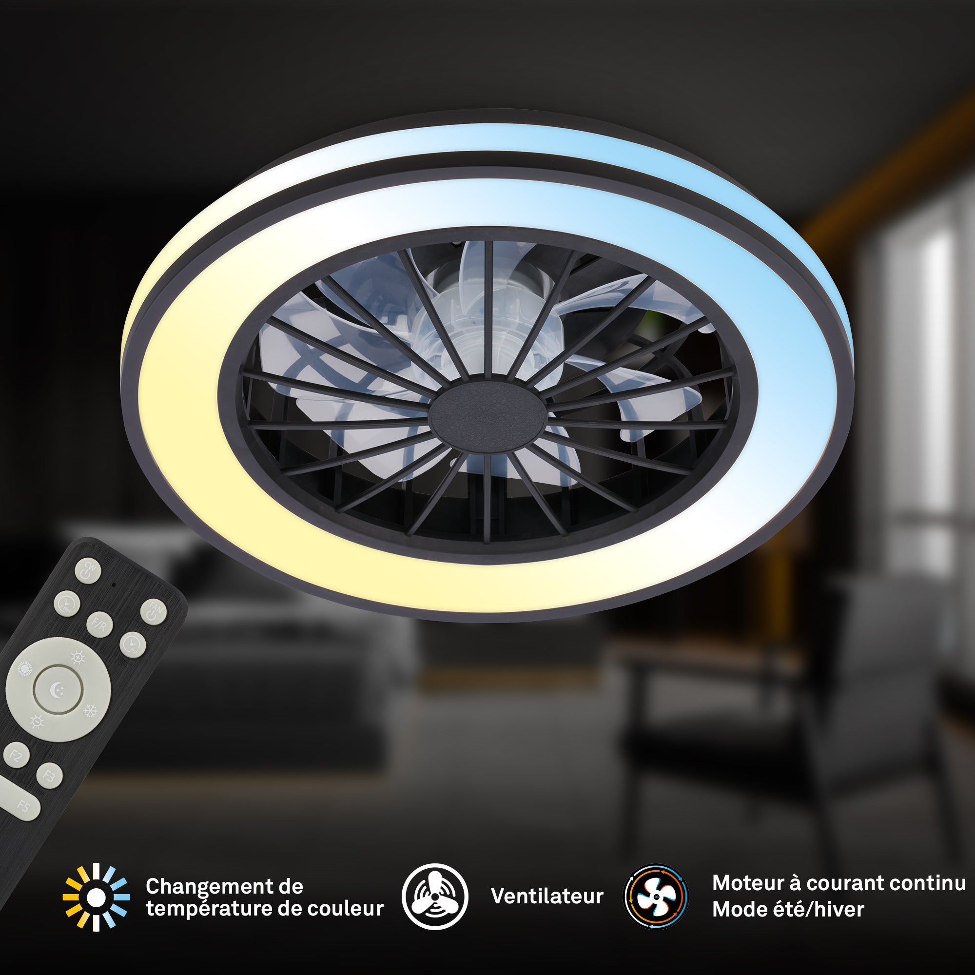 Plafonnier ventilateur LED CCT - Noir - 24W 2600lm - lustre ventilateur 15W - Ø380×140 mm - ventilateur plafond chambre - Briloner - 2
