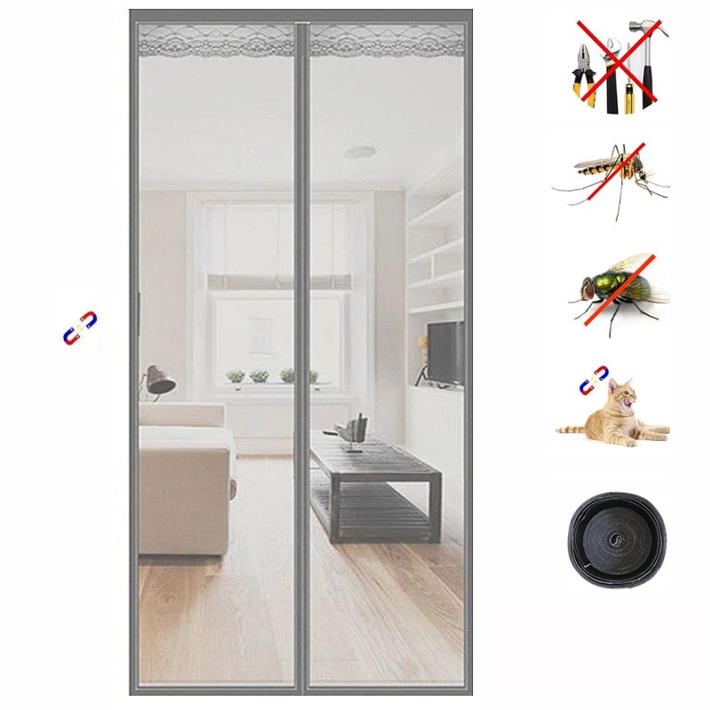 Magnetyczna moskitiera na drzwi, kurtyna przeciw owadom z paskami samoprzylepnymi, samoprzylepna moskitiera, 80 x 200 cm