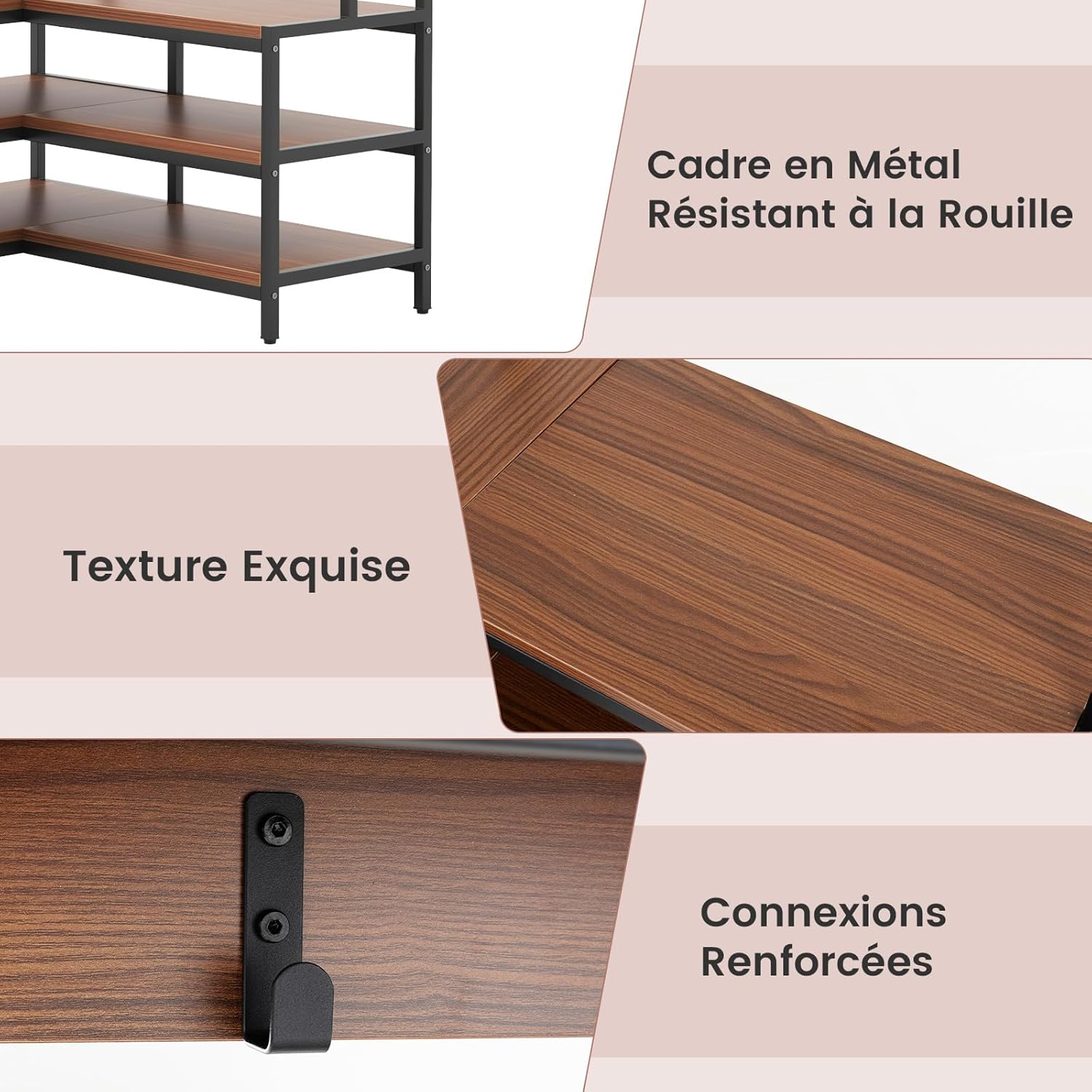 Stand Appendiabiti Angolare, Appendiabiti a Forma L con Ripiani Aperti 7 Ganci e Panca per Scarpe, Struttura in Metallo e Piedini Regolabili, - 6