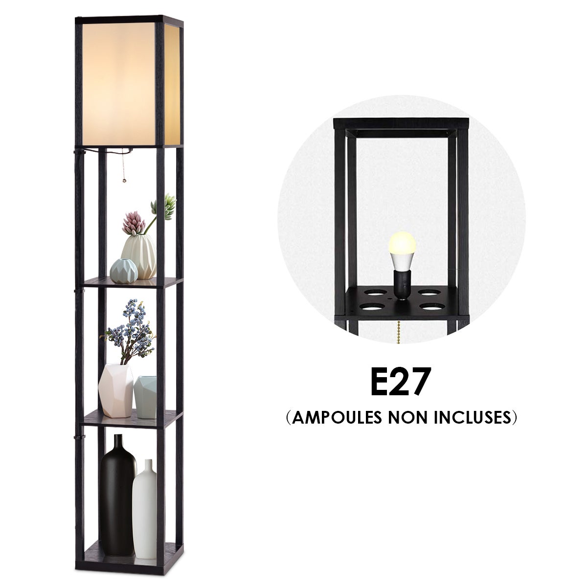 Lampa stojąca z 3 poziomami półek 220-240 V, 60 W Skandynawski design do sypialni i salonu, 26 x 26 x 160 cm, (żarówka nie wchodzi w skład zestawu) - 9