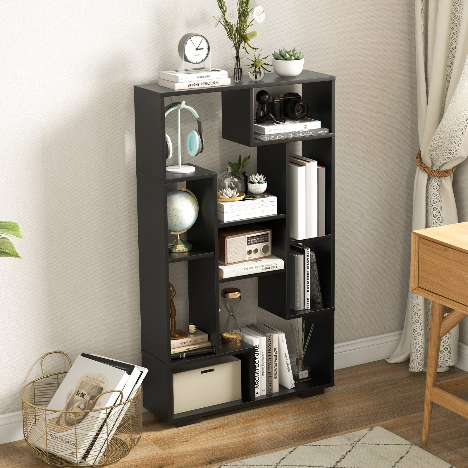 Biblioteka geometryczna 120 cm, otwarte półki, wolnostojąca półka z zestawami zabezpieczającymi przed przewróceniem, do biura, salonu, czarna - 8