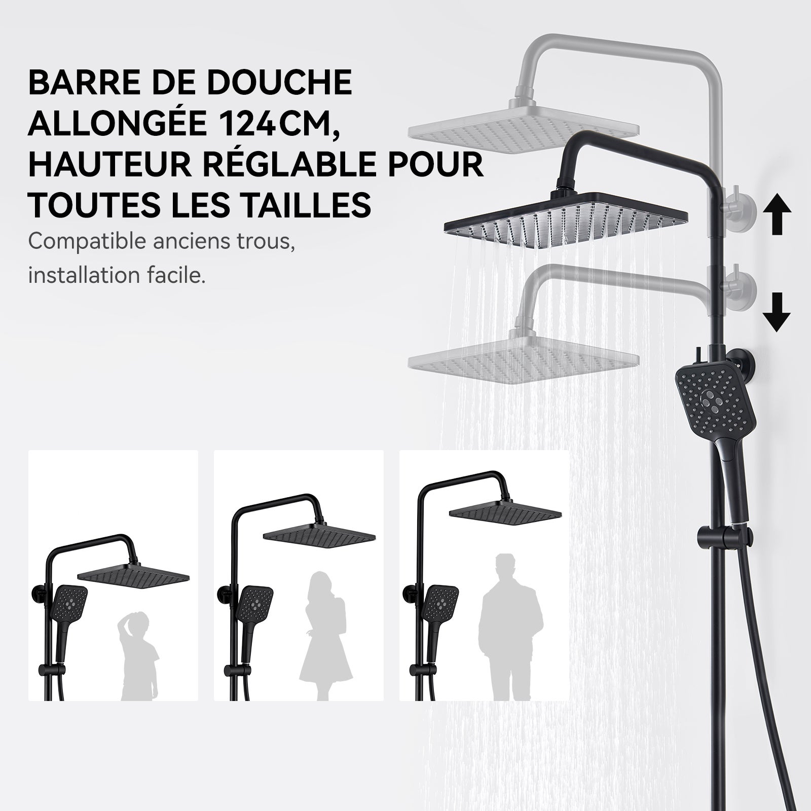 Auralum max Colonne de Douche,Système de douche thermostatique 38°C,avec Douchette à Main avec 3 Jets,30x19CM Pommeau de Douche,Noir - 7