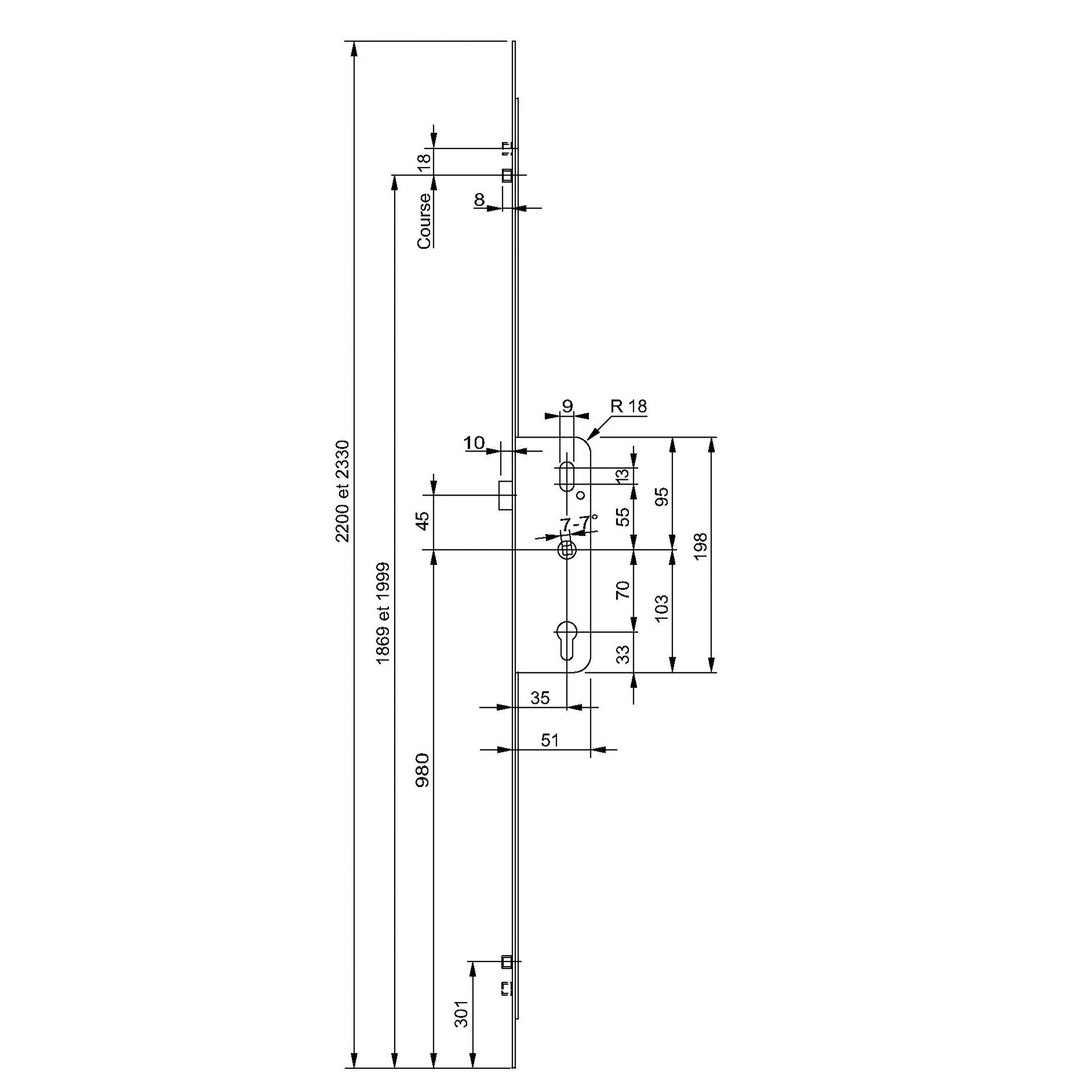 Crémone à barillet 35 70 R2 F D980 FERCO G 24759 22 L 1 - 3