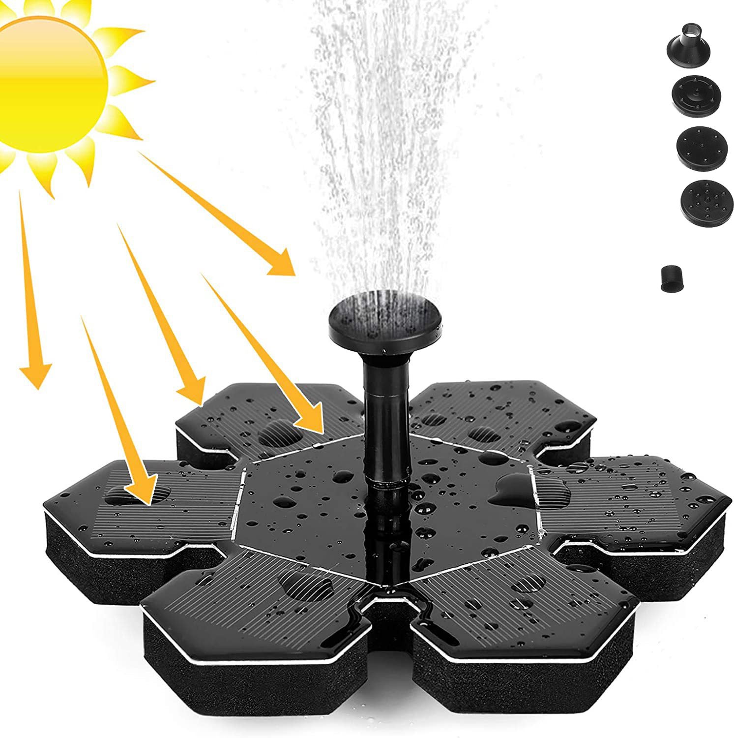 Fontanna solarna, ulepszona solarna fontanna do kąpieli dla ptaków, solarna fontanna dla kolibrów, 4 dysze, do ogrodu, basenu i stawu