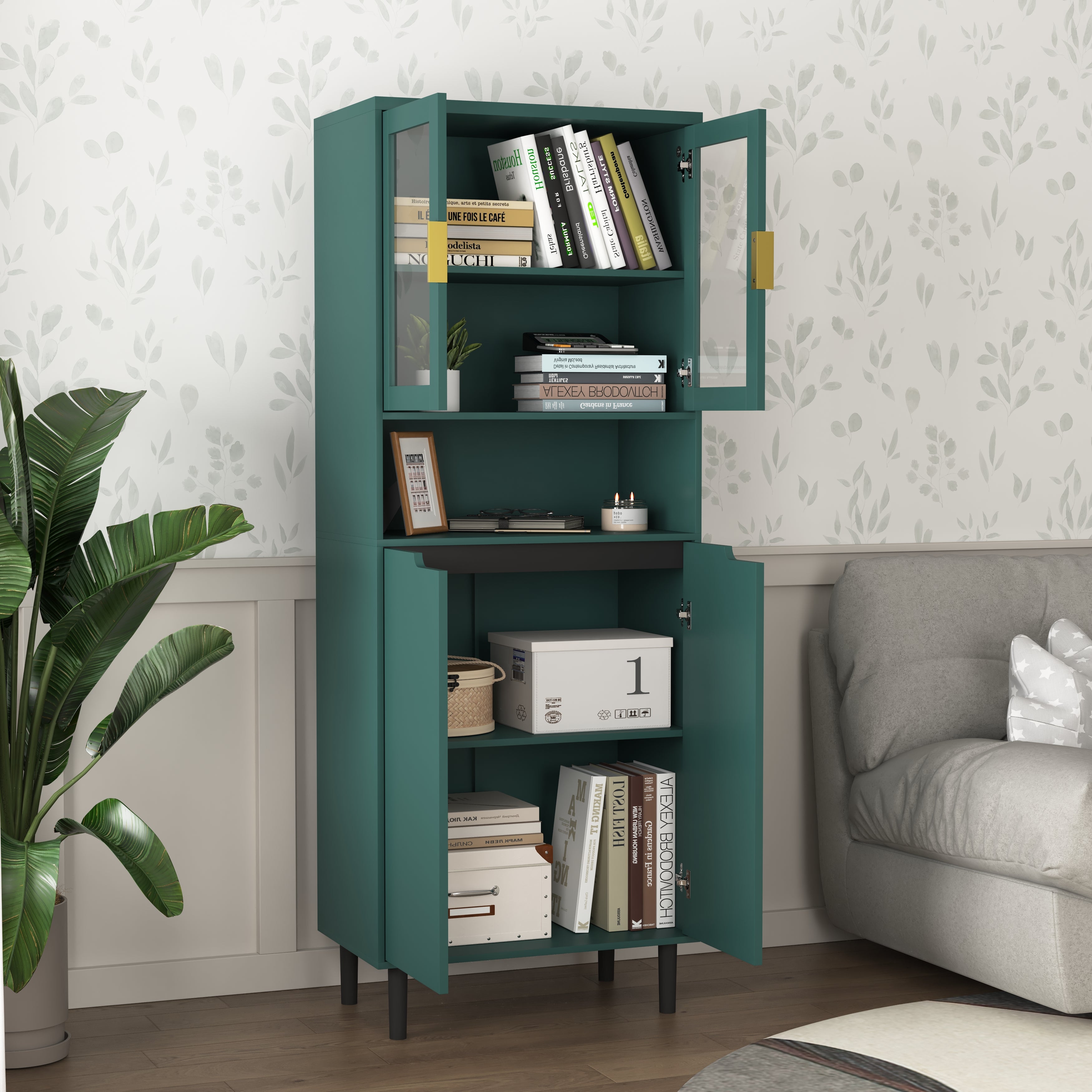 Bibliothèque, Avec 4 Portes En Verre Trempé Et Étagères Réglables , Meuble De Rangement Pour Salon Ou Chambre, Panneau De Particules , Vert - 2