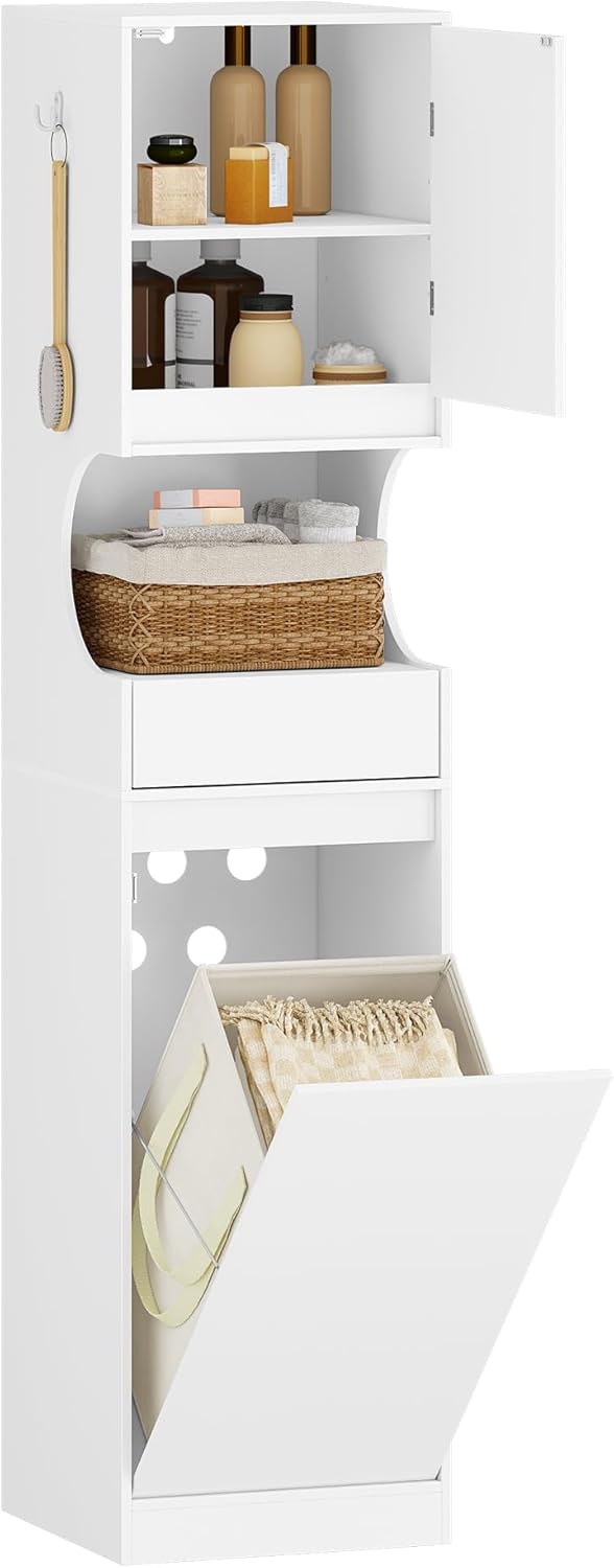 Mueble Columna de Baño, Mueble Ropa Sucia 1 Cesto para Ropa, Columna de Baño Mueble de Baños, Apto para baños, lavadero, Sala de Estar, Blanco - 2