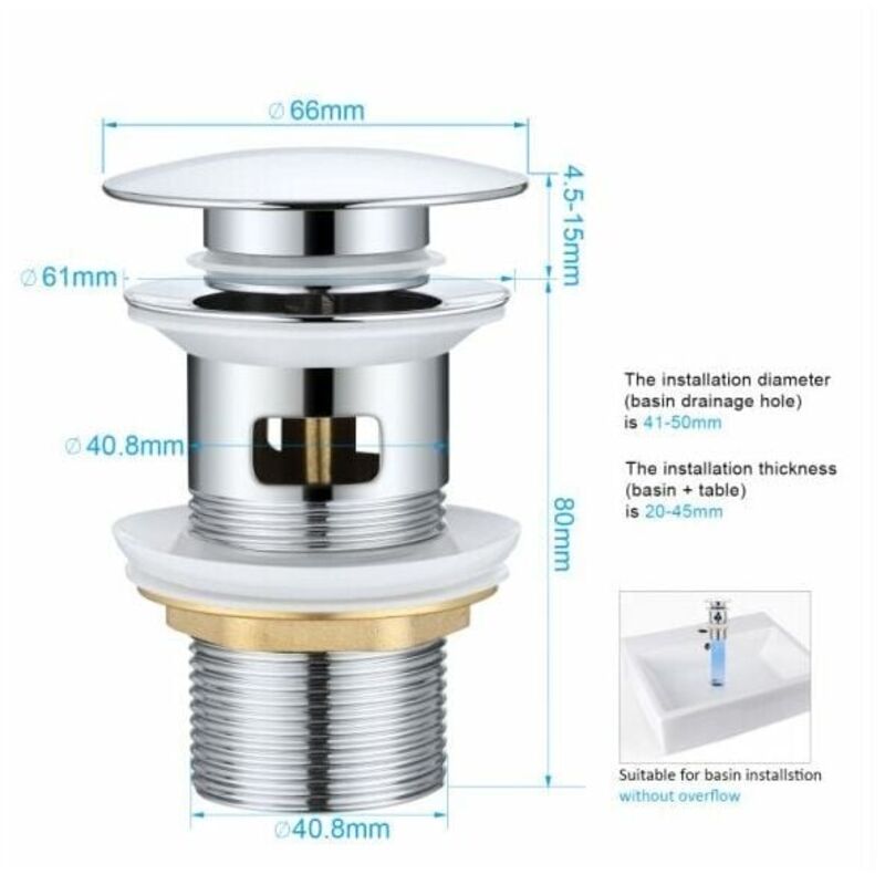 Bonde de Lavabo avec Trop-plein et Clapet Poussoir – Laiton Chromé - 2