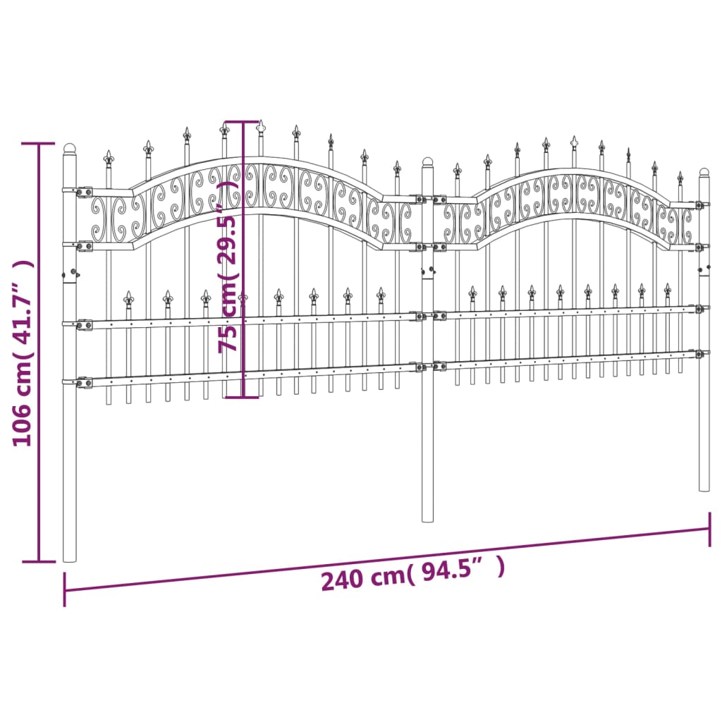 vidaXL Clôture de jardin KAMPEN avec pointe en forme de lance, noire, 240 x 75 cm, acier - 6