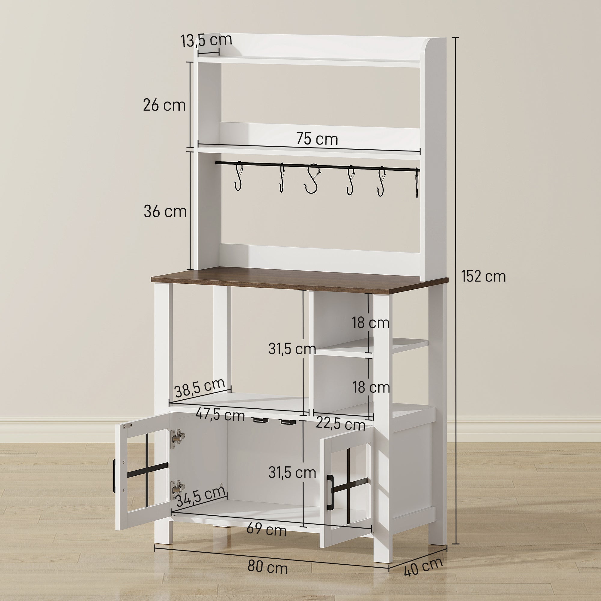 Alacena de Cocina HOMCOM Melamina de Madera, Vidrio Blanco 80x40x152 cm 83A-367V00WT - 3