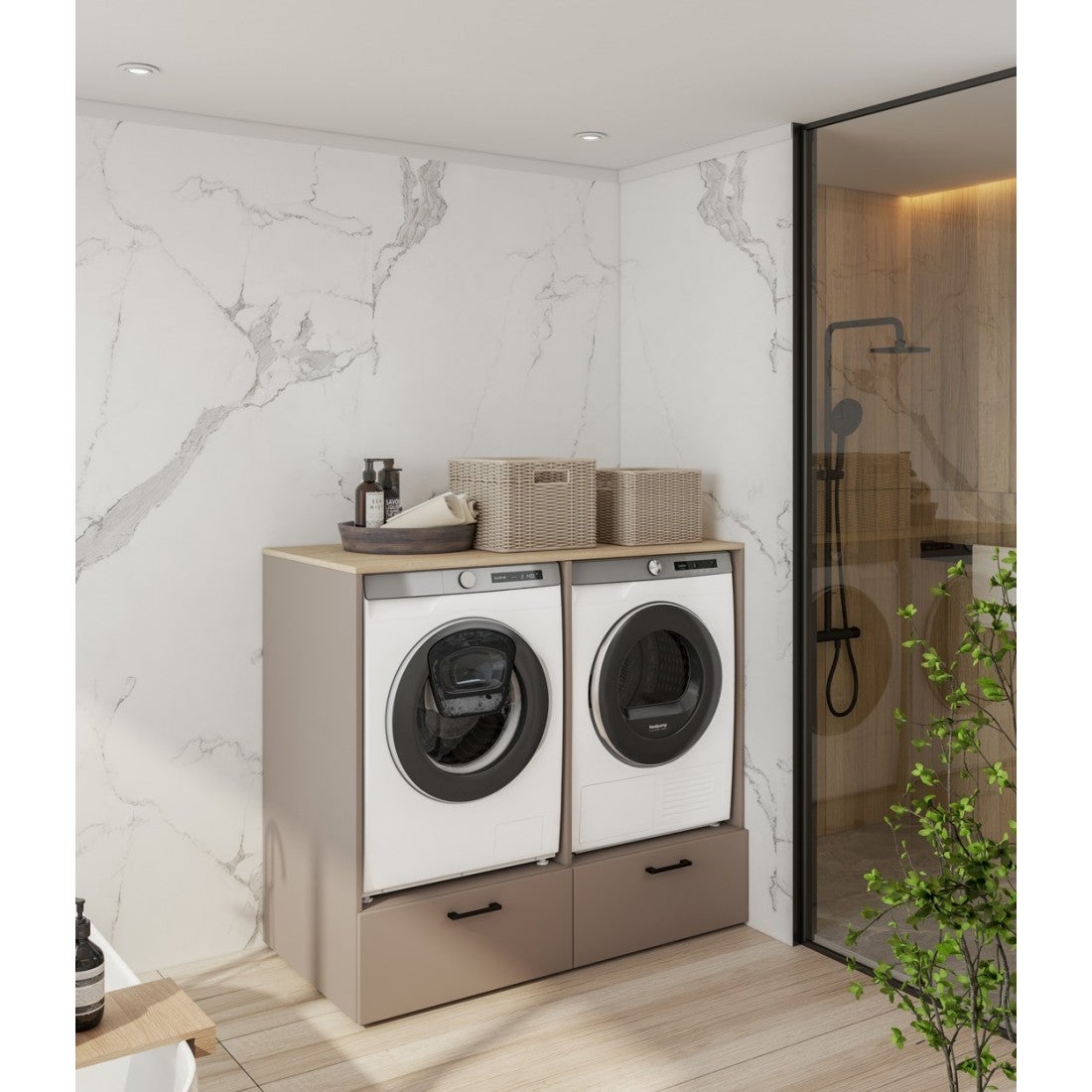 Mueble de almacenamiento para lavadora y secadora colección WASHING – 2 cajones – Topo y roble - 5