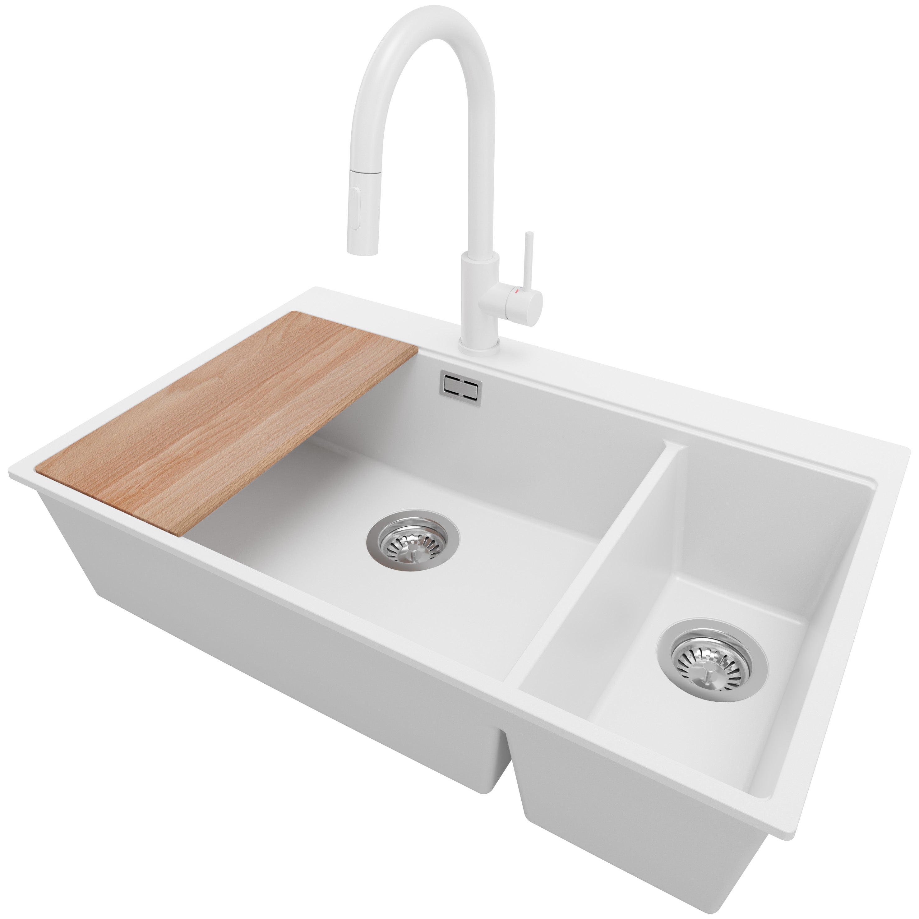 Zlewozmywak Granitowy Biały 78x50cm, Zlew Kuchenny 2 Komorowy + Bateria 40x20cm + Syfon + Deska, Nablatowy do szafki od 80cm - Oslo Duo PRIMAGRAN