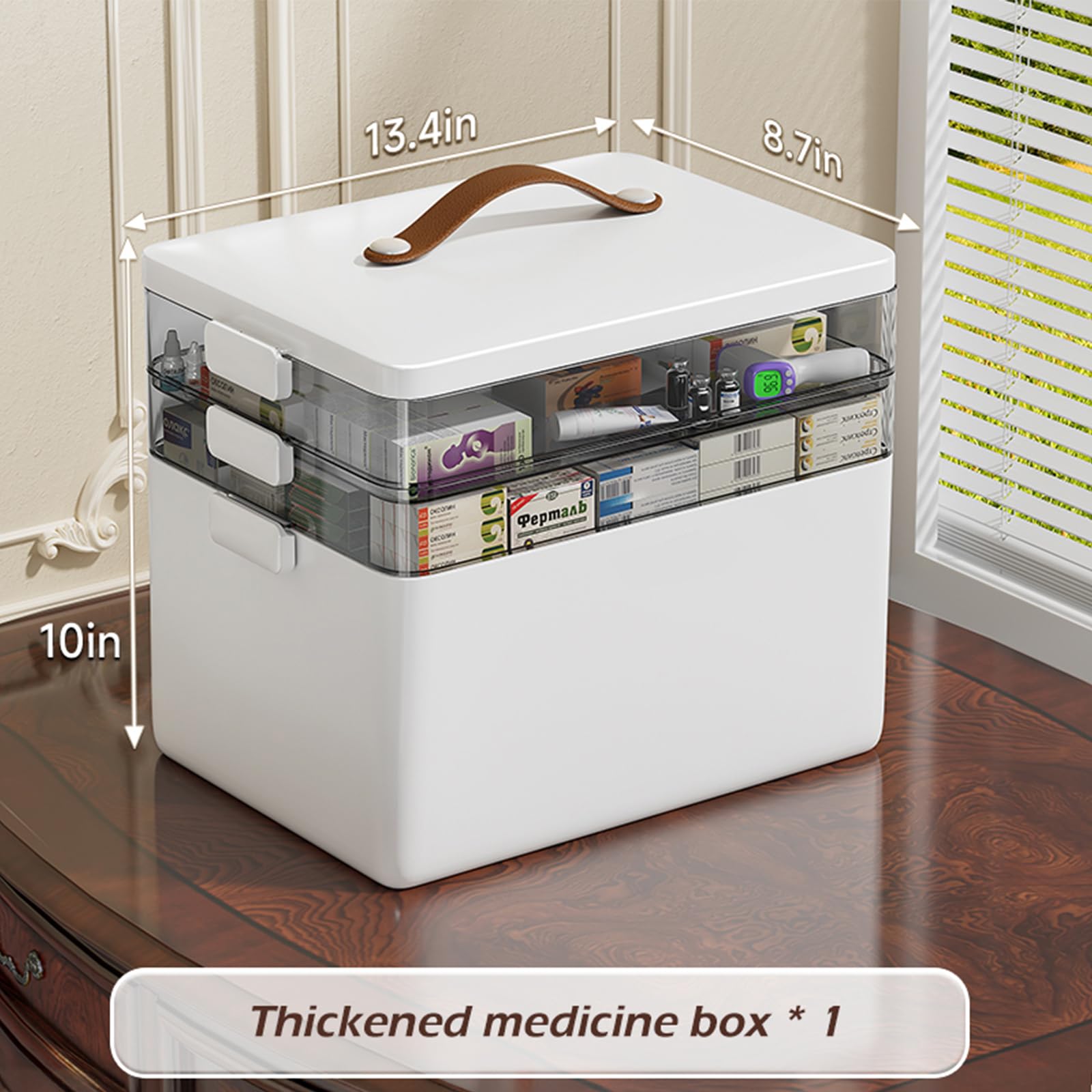 Boîte à pharmacie portable de grande capacité, boîte de rangement avec poignée en cuir, résistante à l'humidité,adaptée à la coiffeuse (trois couches) - 6