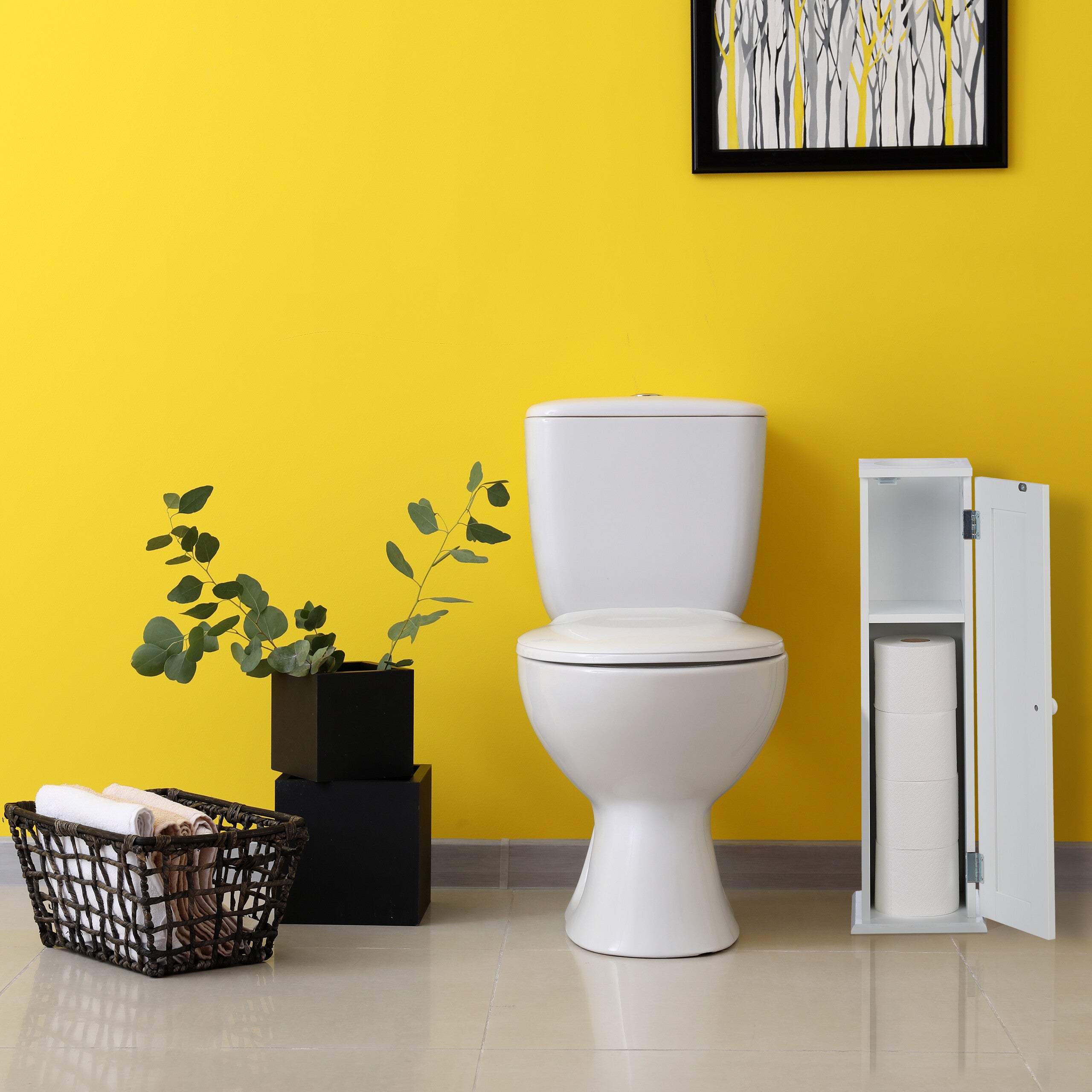 Armário de toalete com 2 prateleiras e orifício para toalhetes, HBT 65x19,5x19,5 cm, porta, MDF, branco, Relaxdays - 5