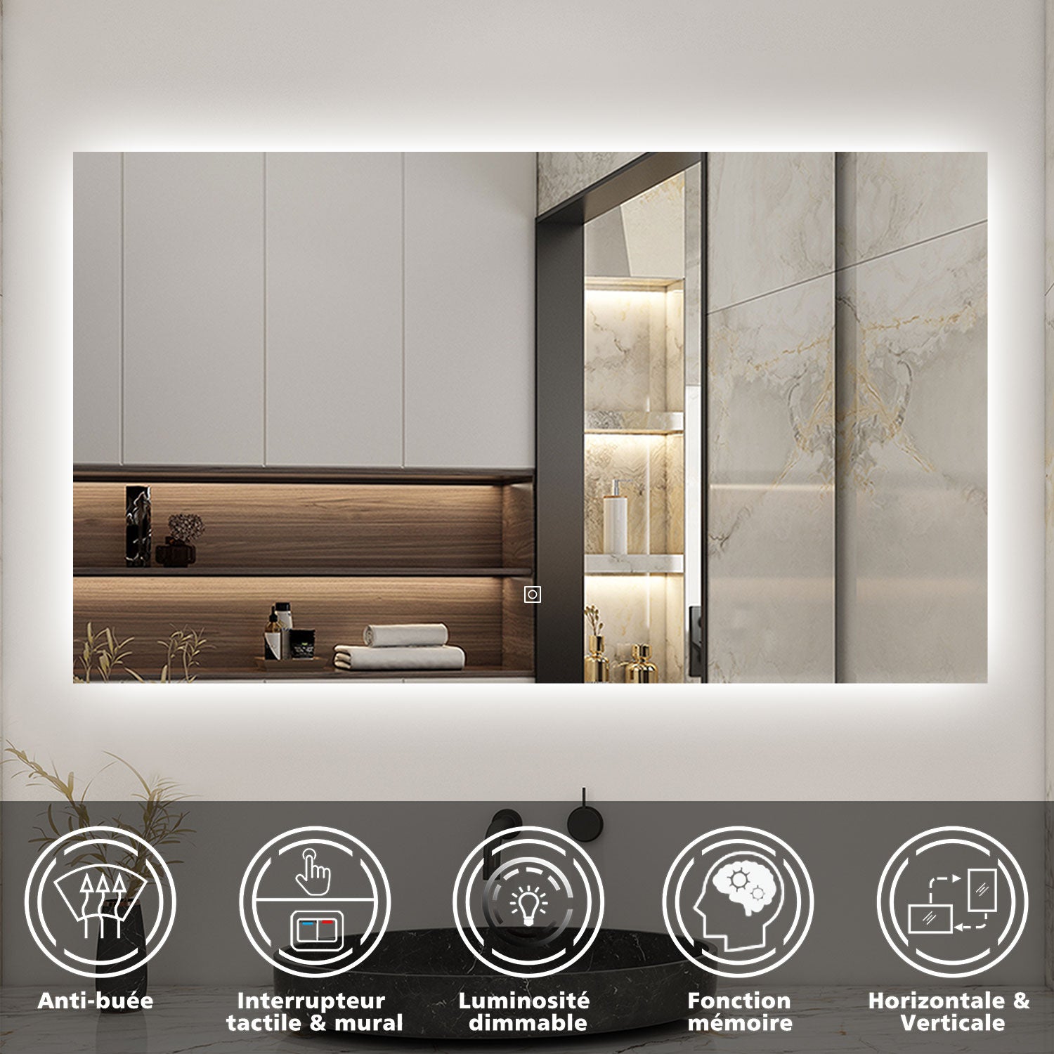 AICA LED Miroir lumineux 100x60cm anti-buée + dimmable + mémoire miroir salle de bain - 2