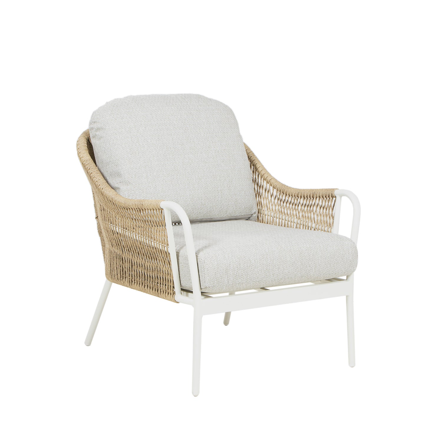 Sillón para jardín, ratán sintético tipo trenzado, aluminio y ratán sintético redondo, color blanco envejecido, 48x57x89,5 cm