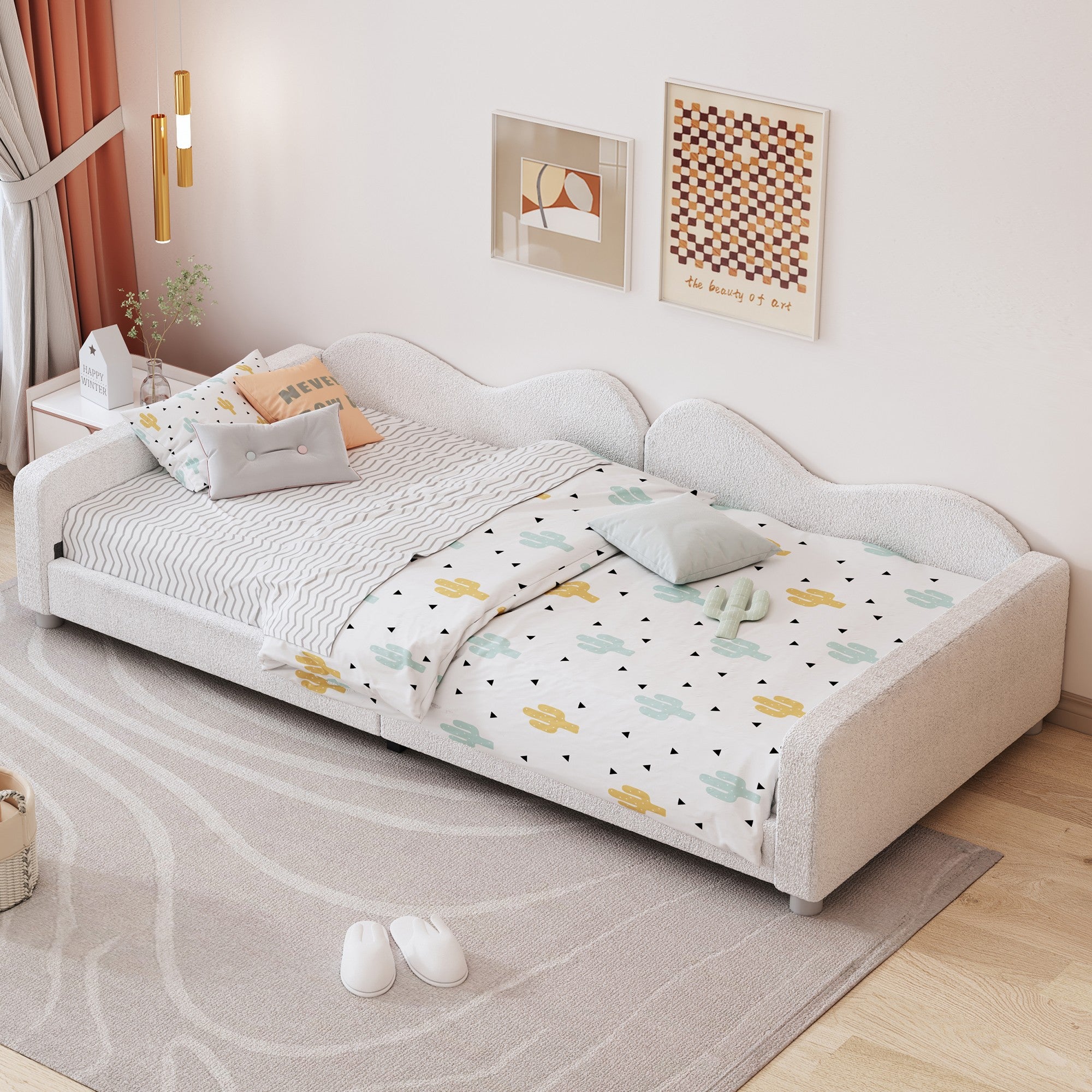 Łóżko dziecięce, rozkładana sofa 90*200 cm, materiał miś, z oparciem i podłokietnikami, biały
