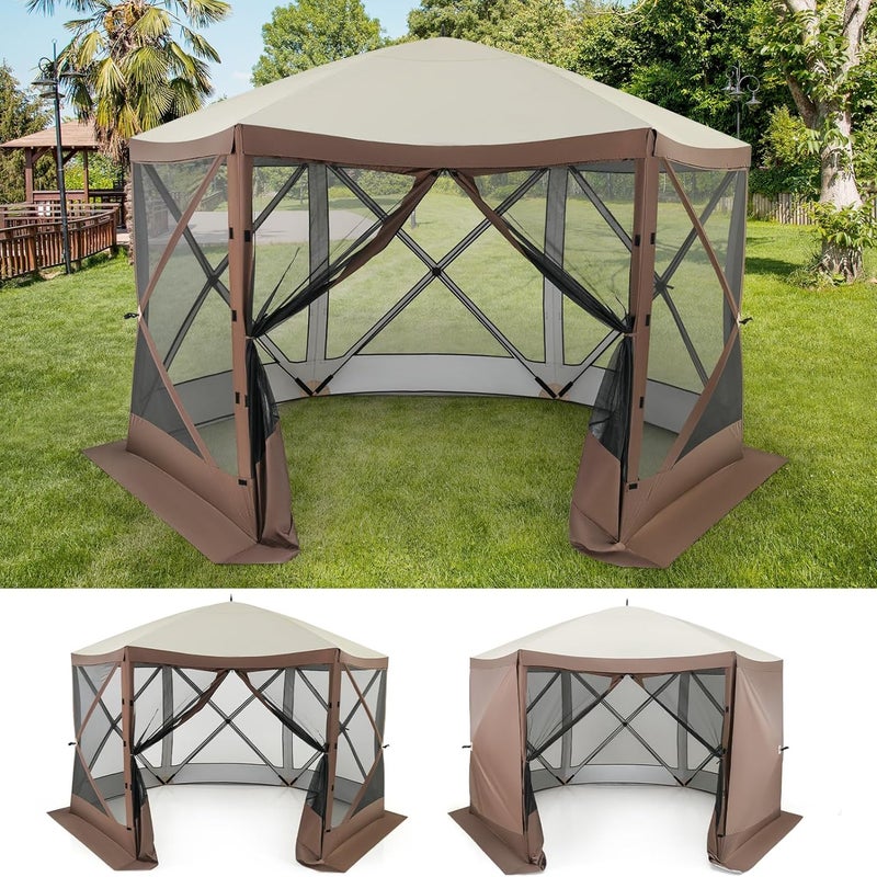 Namiot Kempingowy dla 6–8 Osób, Namiot Typu Pop-Up z 6 Ściankami i Zdejmowanymi Panelami Przeciwsłonecznymi Typu Muszkieter, 350 x 350 cm (Brązowy)