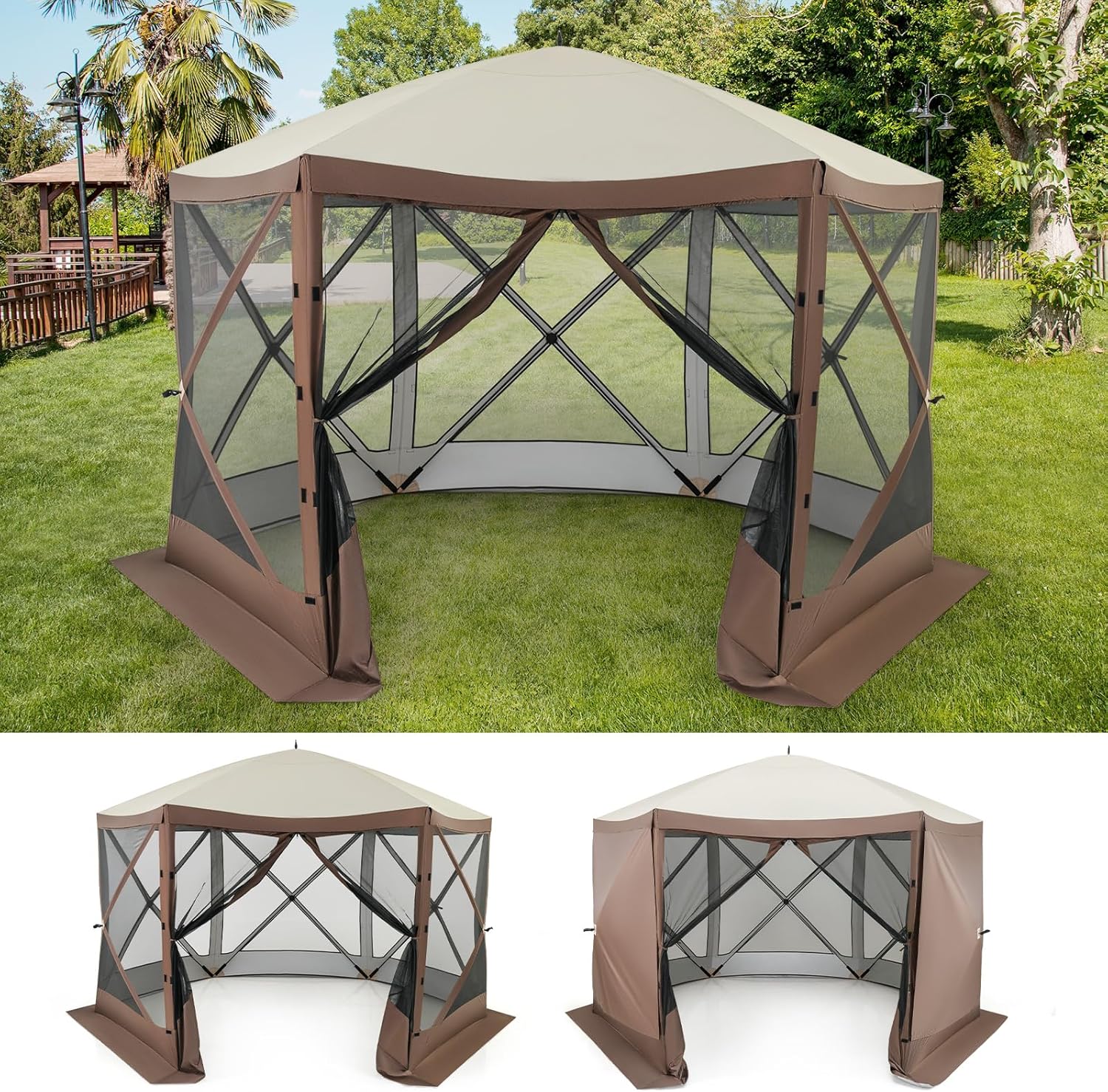 Namiot Kempingowy dla 6–8 Osób, Namiot Typu Pop-Up z 6 Ściankami i Zdejmowanymi Panelami Przeciwsłonecznymi Typu Muszkieter, 350 x 350 cm (Brązowy)