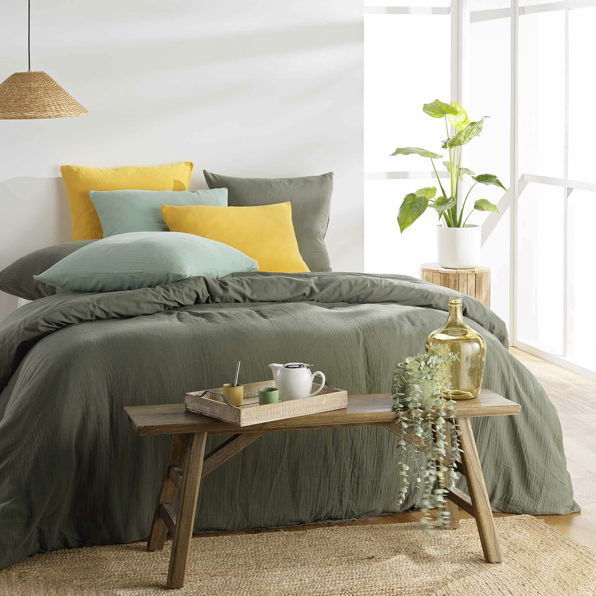 Parure de lit en gaze de coton - Kaki - 260x240 cm - Gaze de coton/Coton - 4