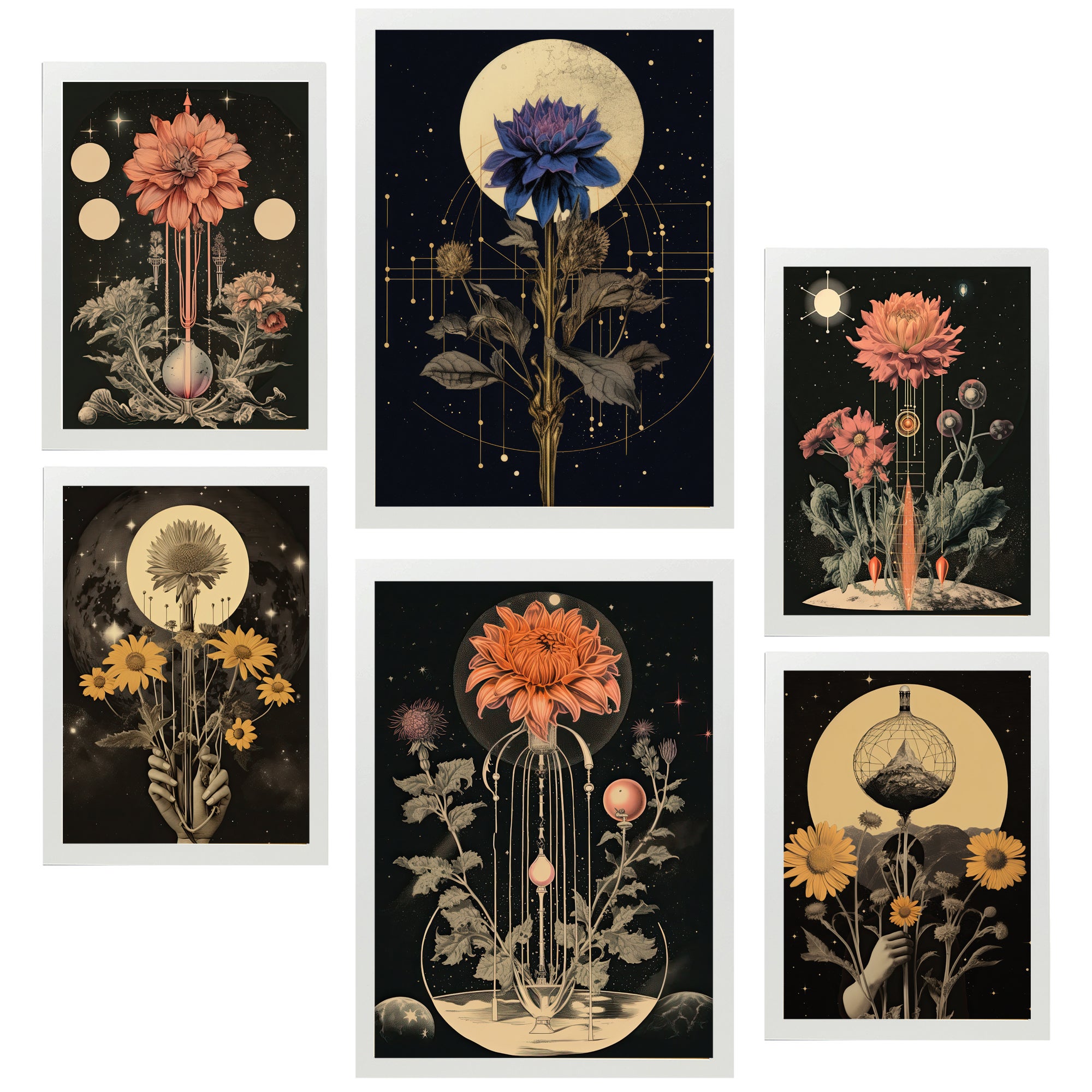 Nacnic set de 6 pósters ilustracion collage surrealista estilo esoterico mistico marco blanco
