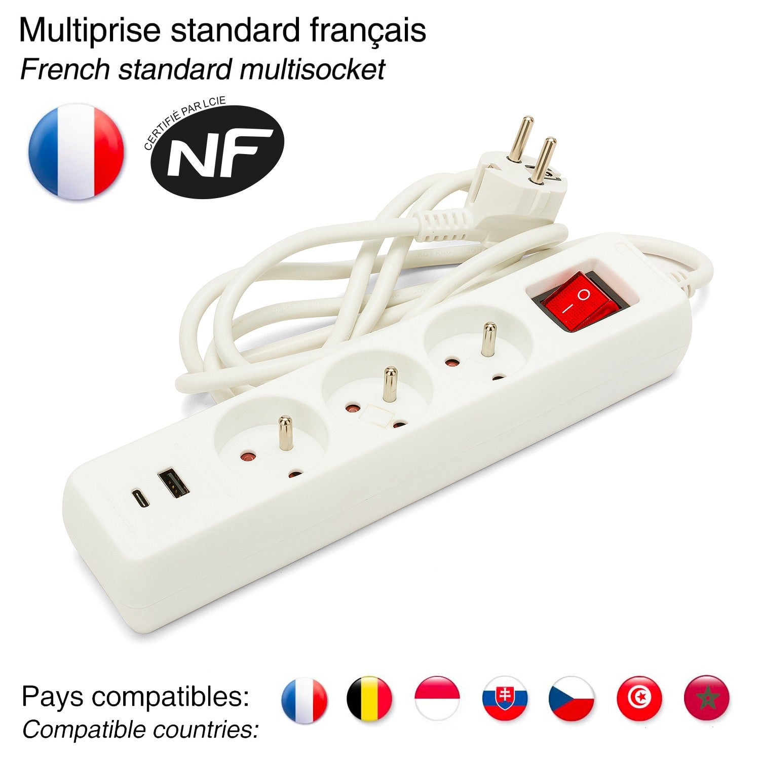 Multiprise française avec 3 sorties 2P+T et 2 prises USB. Câble de 1,5 m - 2