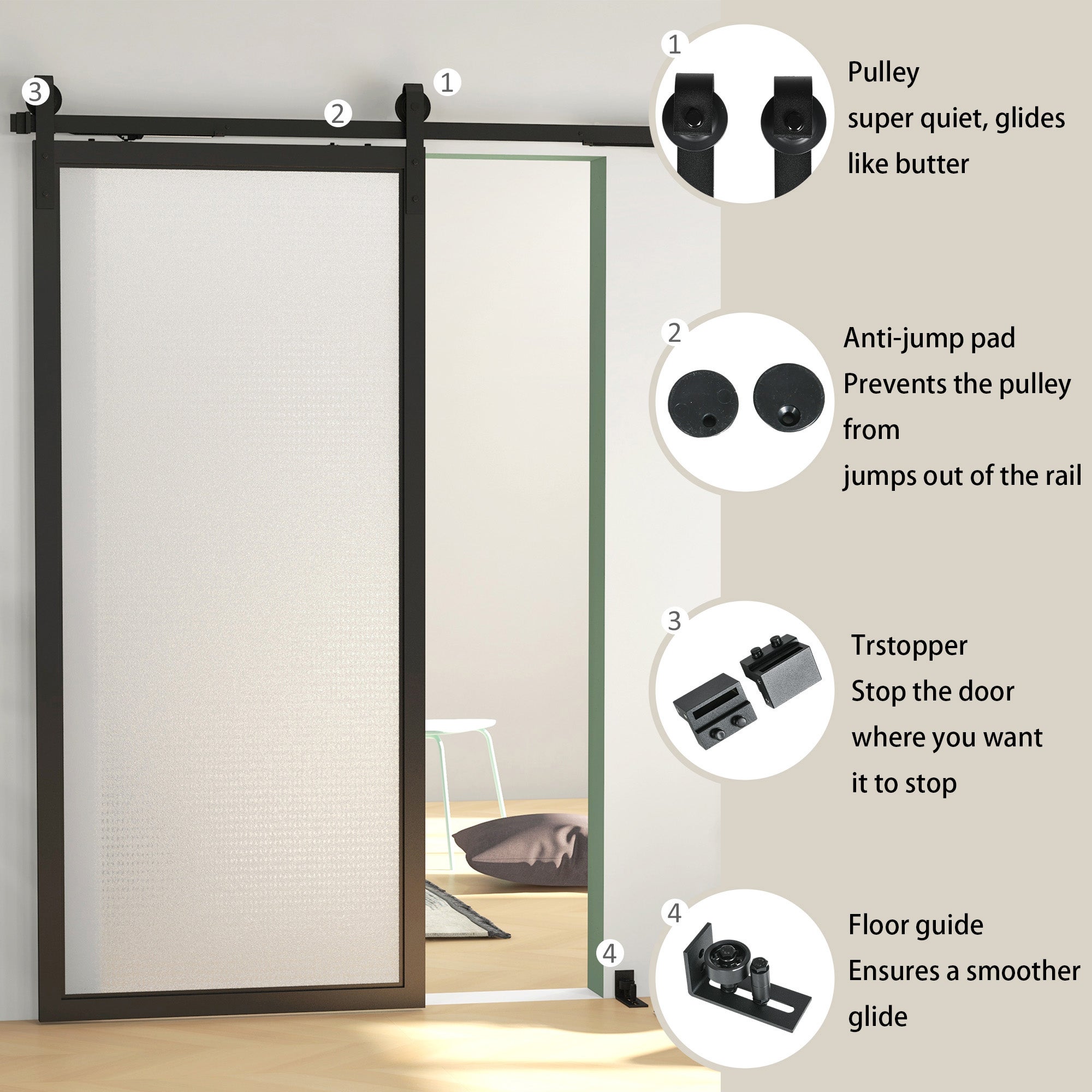 Zestaw okuć do drzwi przesuwnych 244 cm z szynami, rolkami, zabezpieczeniami przed wypadnięciem, ogranicznikami i prowadnicą podłogową - 4