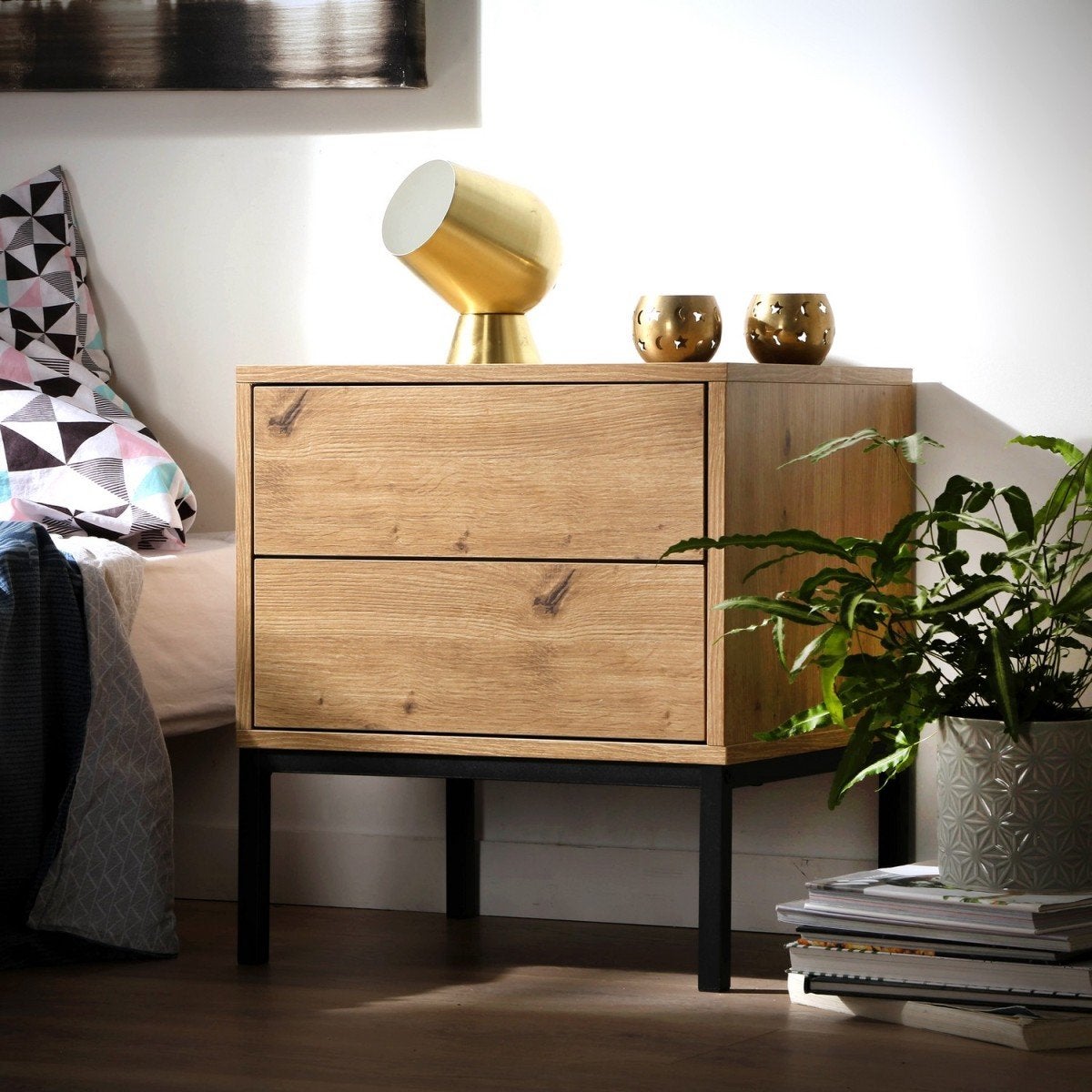 Comodino con 2 cassetti, decorazione rovere, altezza 50 cm - LENNY - 2